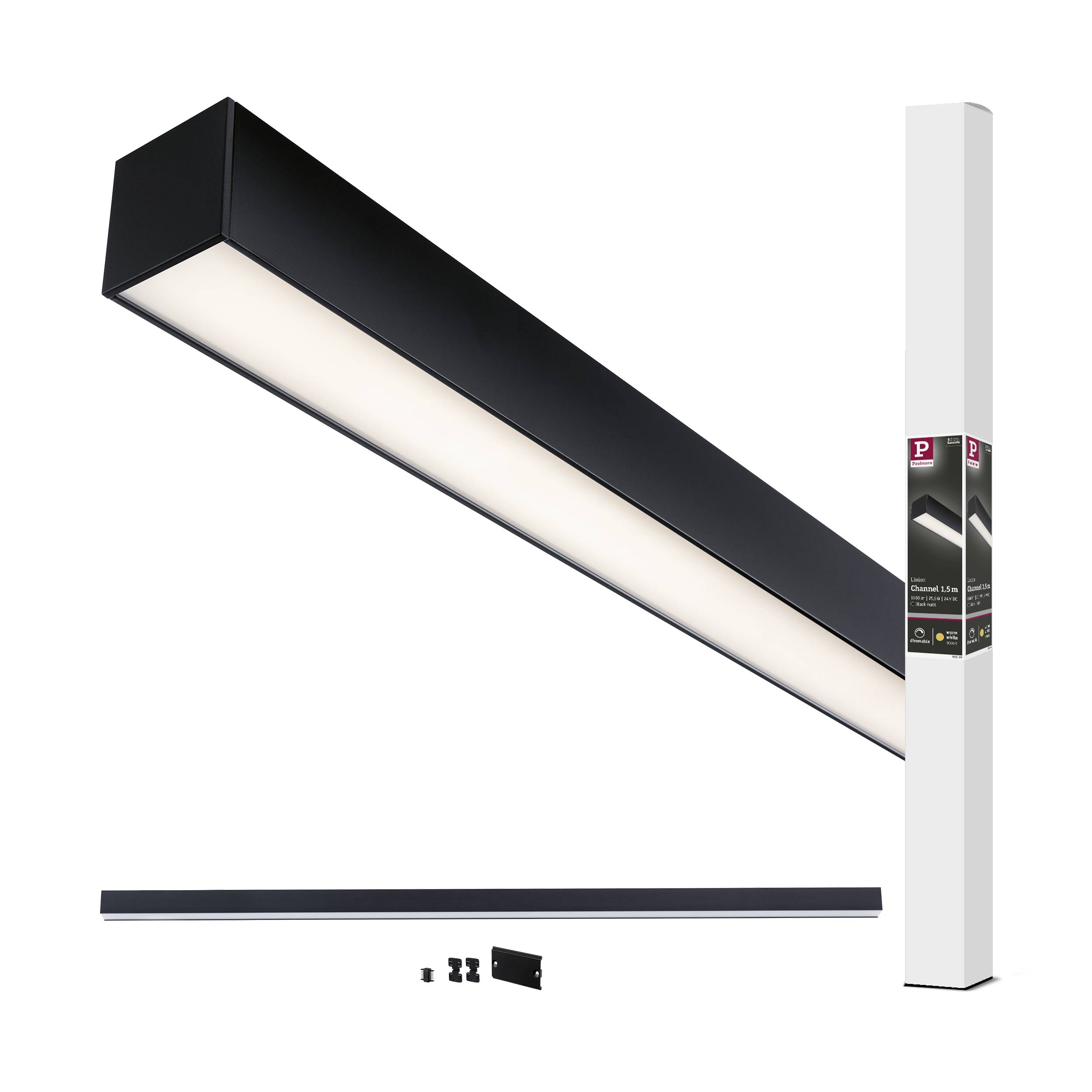 Sort LED-lysbjælke, langstrakt, vist med emballage og monteringsbeslag. Ideel til moderne indendørsbelysning.