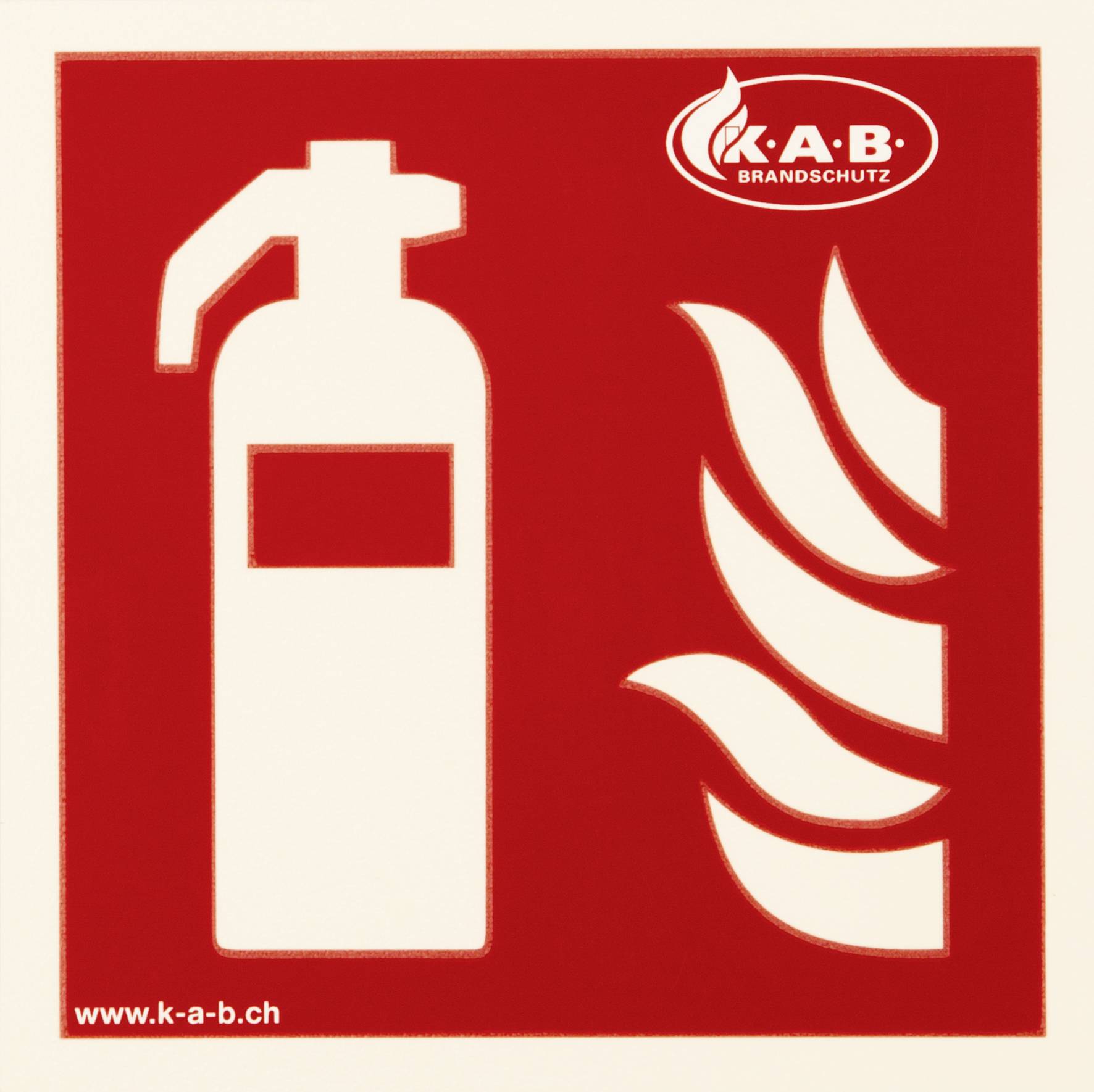 Et piktogram af en brandslukker ved siden af flammesymboler på en rød baggrund, mærket med 'K-A-B Brandschutz'.