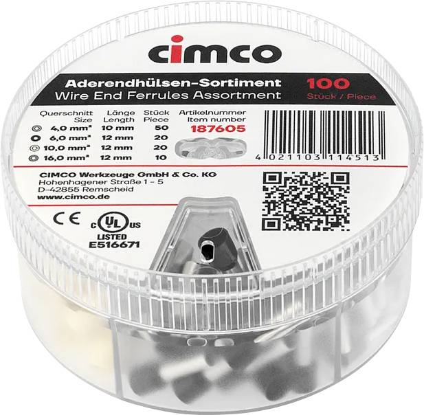 En klar plastikbeholder med Cimco-trådendestik-sortiment, mærket '100 Stück', med synlige stik indeni og en stregkode/QR-kode på låget.