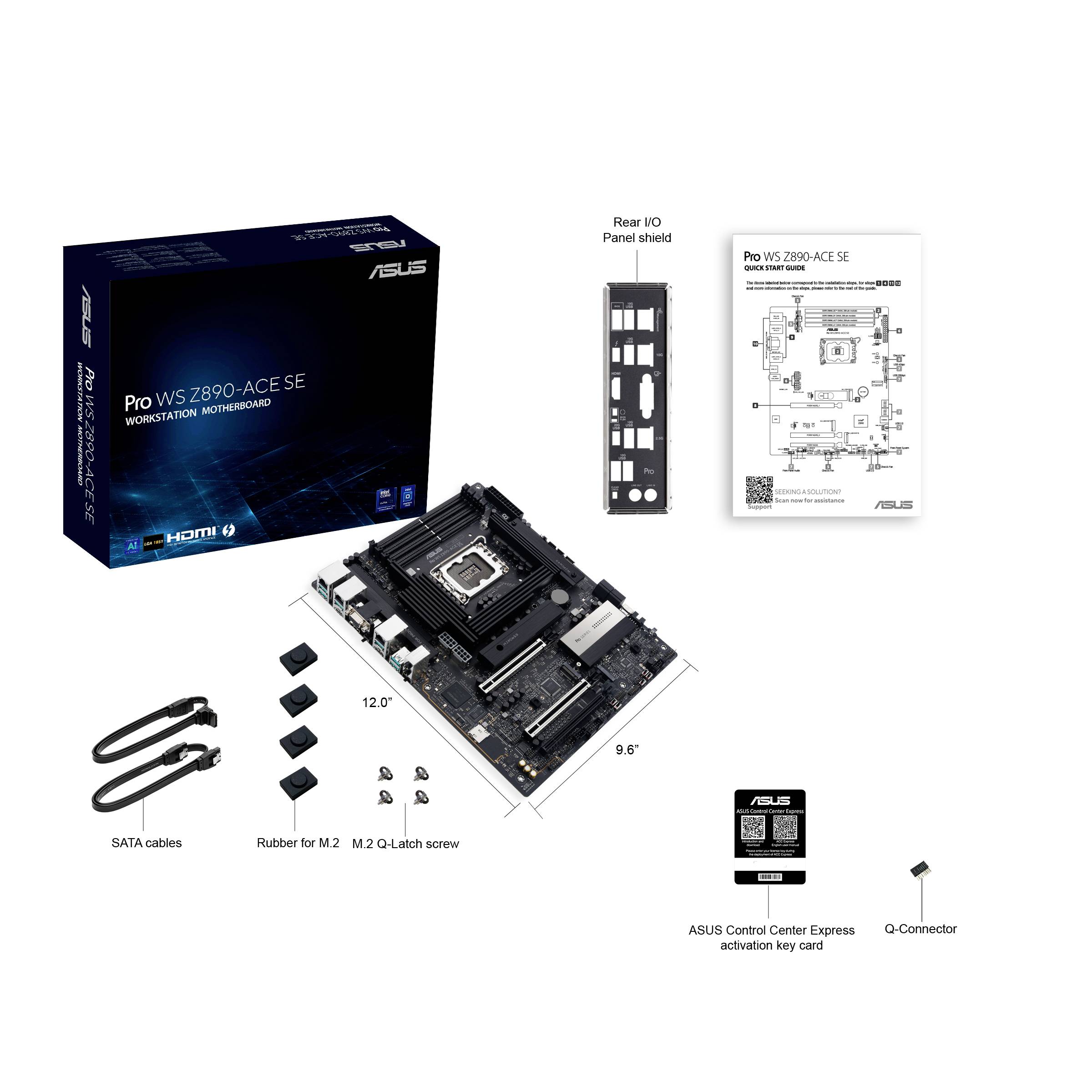 Figuren viser et ASUS Pro WS Z690-Ace SE bundkort med tilbehør: SATA-kabler, skruer, Q-stik, bagpanel og manual.