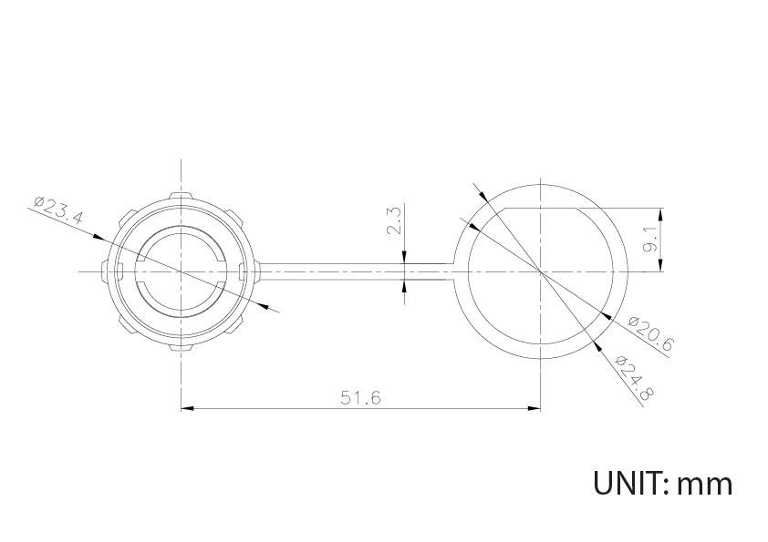 Teknisk tegning af to forbundne cirkler med måleangivelser i millimeter: 23,4, 24,8, 20,6 og samlet bredde 51,6.