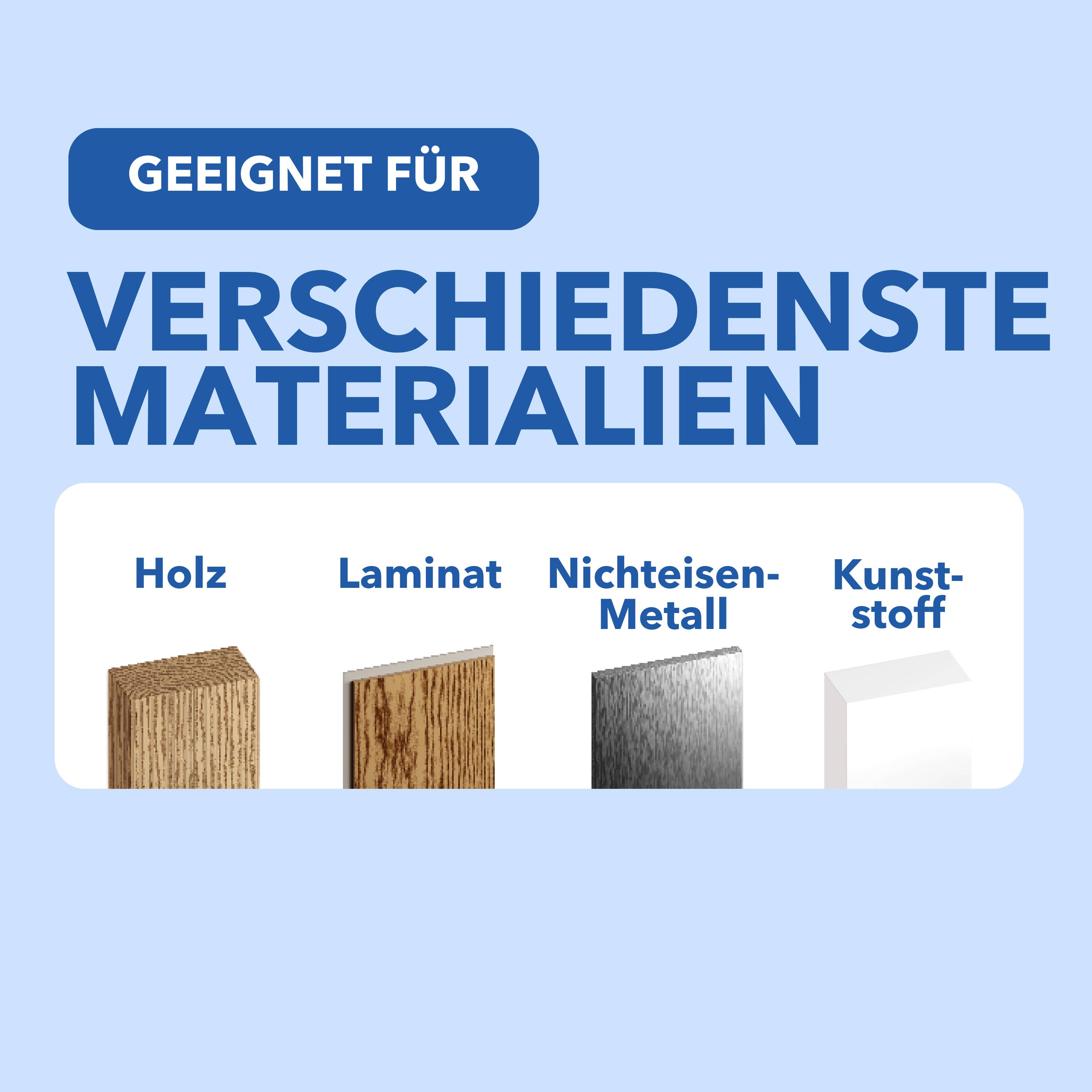Billedet viser materialerne træ, laminat, ikke-jernholdigt metal og plast under teksten 'Egnet til mange forskellige materialer'.