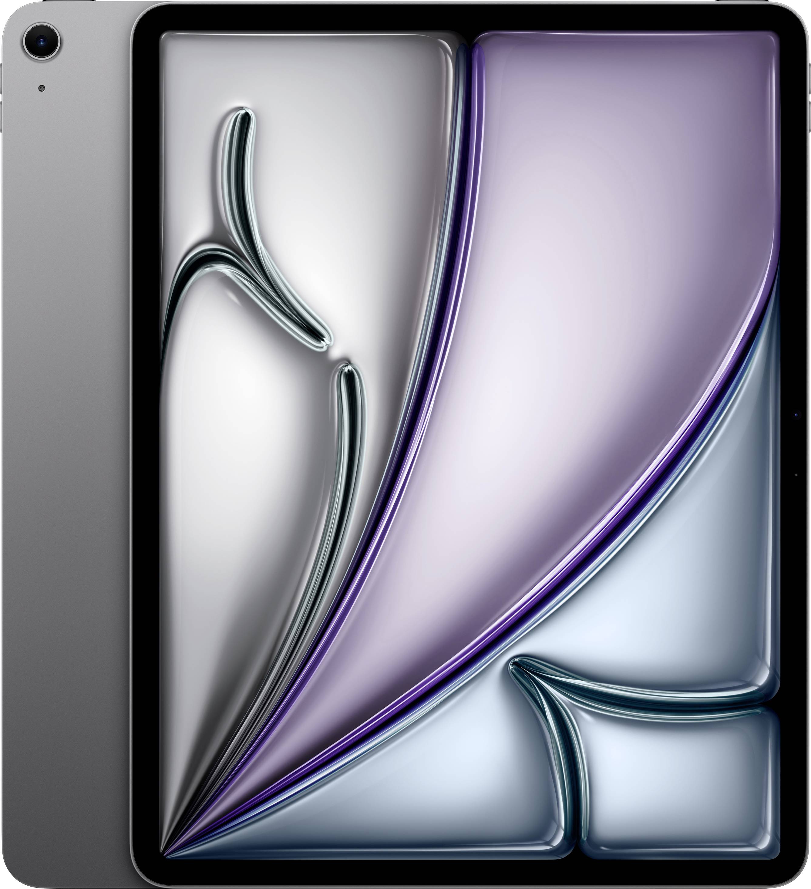Et gråt tablet med et abstrakt, farverigt display i violet, blå og sølv.