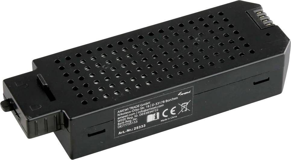 Sort, rektangulær batteri med ventilationsåbninger og elektriske tilslutninger. Påtrykt tekst viser producentoplysninger og artikelnummer.