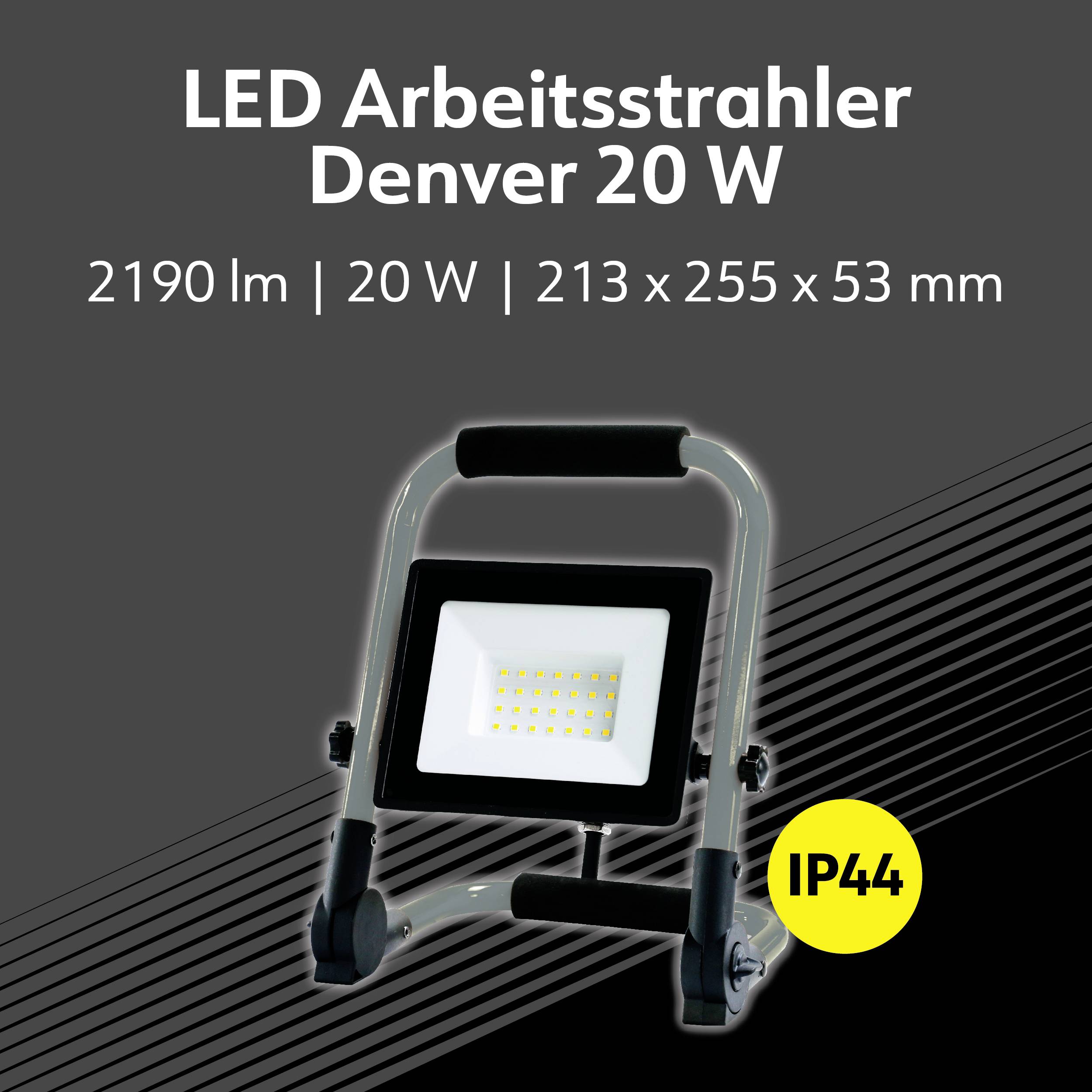 LED-arbejdslampe Denver 20 W viser en bærbar LED-lygte, 2190 lumen, IP44, mål: 213 x 255 x 53 mm.