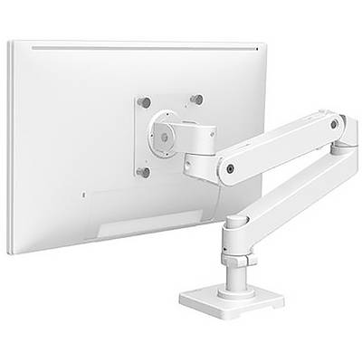 En justerbar metalmonitorarm fastholder en skærm. Armen er monteret på et skrivebord og muliggør fleksibel placering.