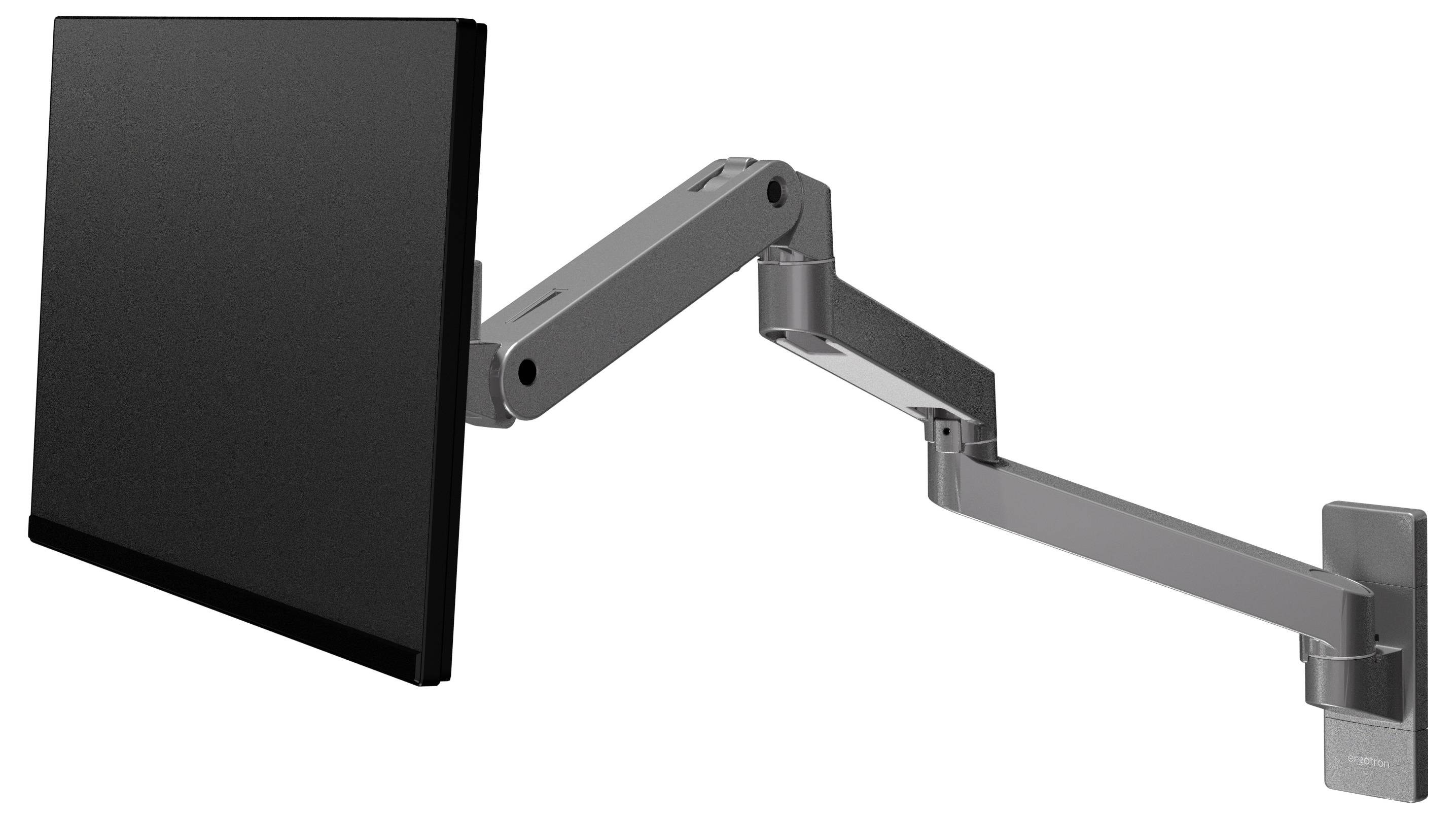 En monitorarm af metal med flere led til fleksibel positionering af en skærm på et vægbeslag.