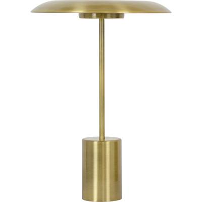 En elegant, gylden bordlampe med rund lampeskærm og cylinderformet fod. Perfekt til moderne indretning.