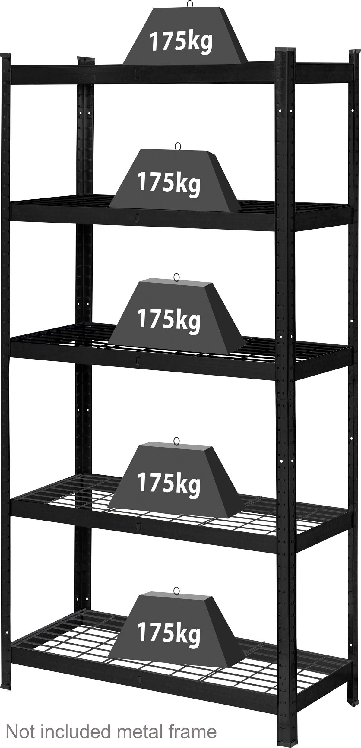 Sort reol med fire hylder, hver med en bæreevne på 175 kg. Bemærk nederst: 'Metalramme ikke inkluderet'.