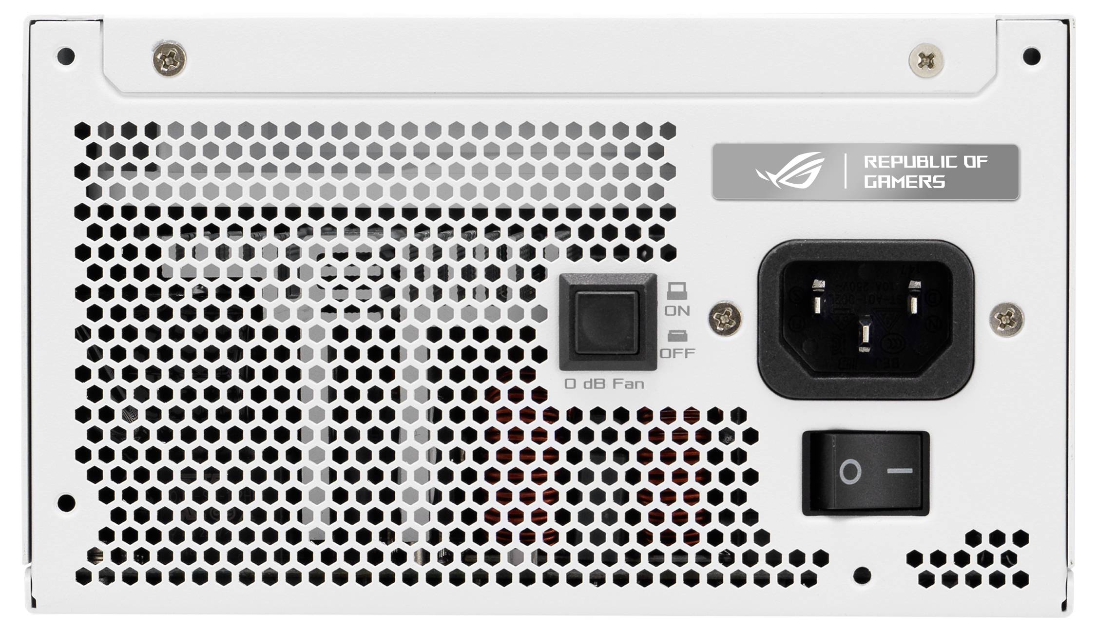 En computer-netdels bagside med ventilationsgitter, kontakt, strømstik og mærket 'Republic of Gamers' logo.