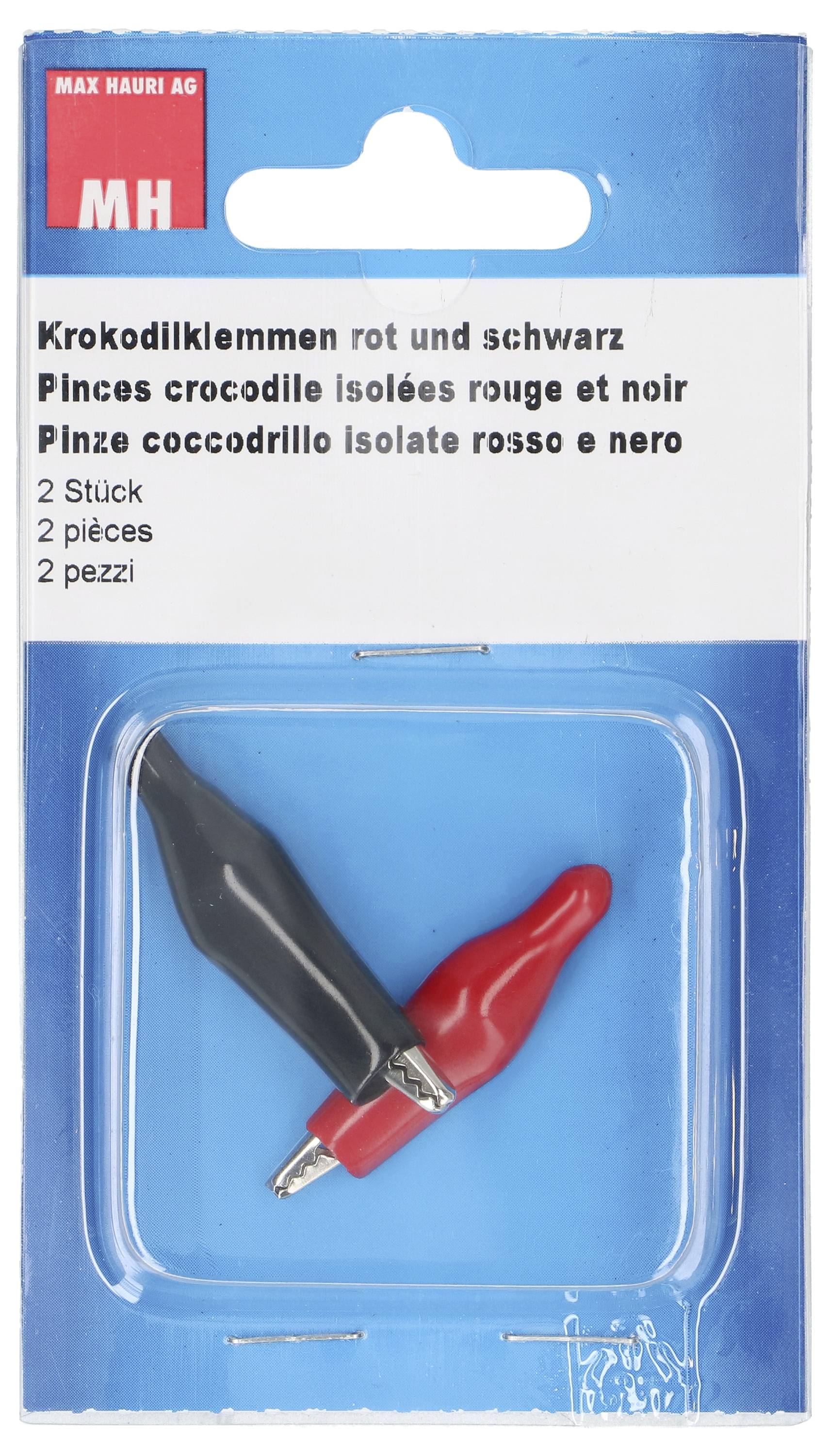Krokodilklemmer i farverne rød og sort, pakket i en blisterpakning. Påskrift: '2 stk., 2 pièces, 2 pezzi'.