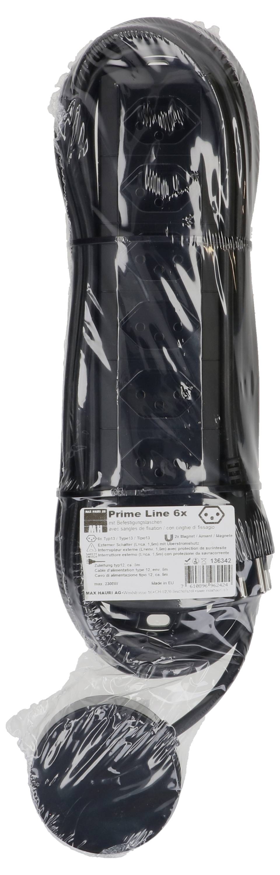 Telefonrør med oprullet ledning, pakket i klar plastikfolie. En etiket viser 'Prime Line 6x' og andre produktoplysninger.