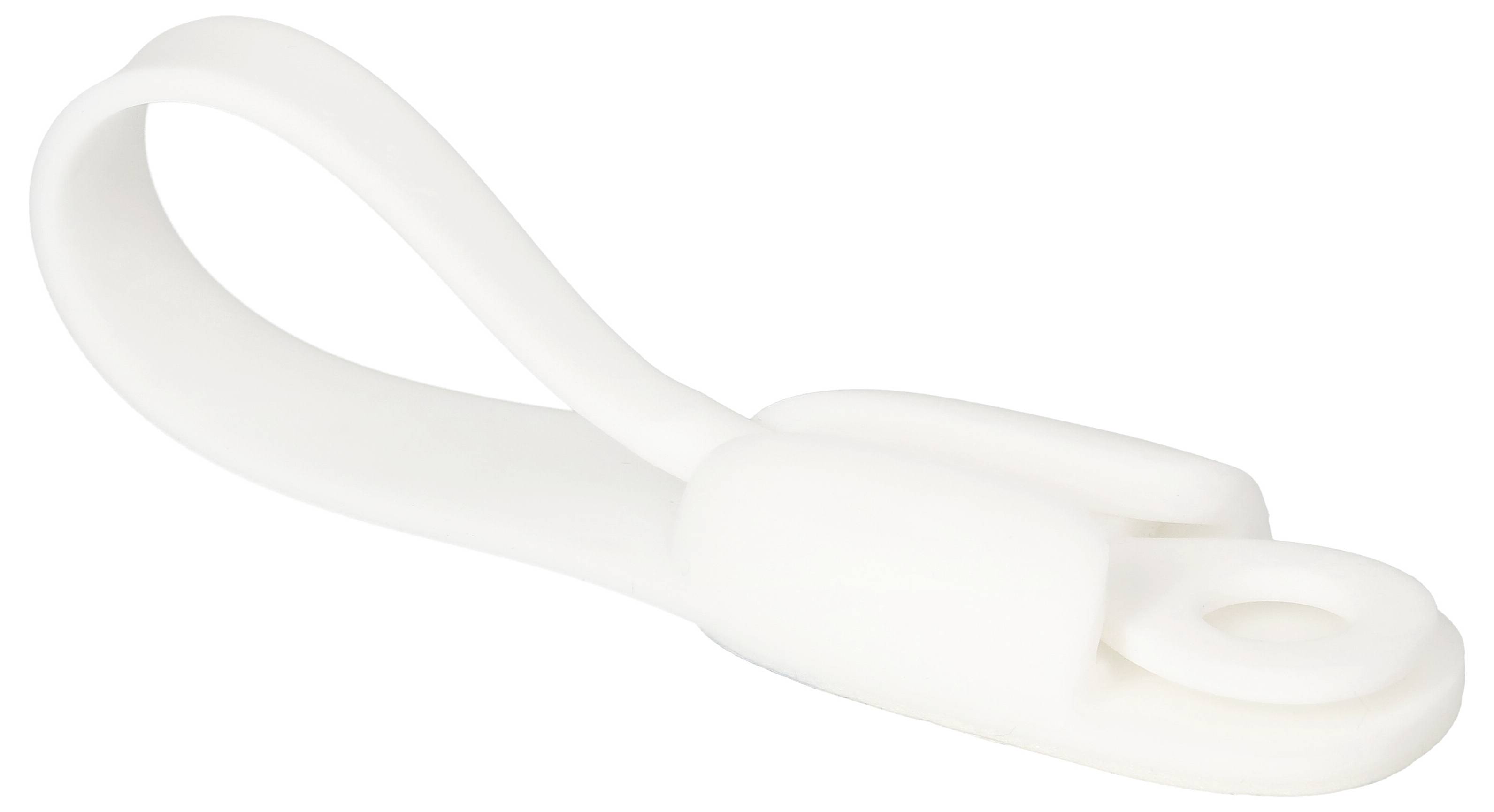 En hvid plastikclips med et løkke og et lille hul, som kan bruges som lukning eller holder, på en hvid baggrund.