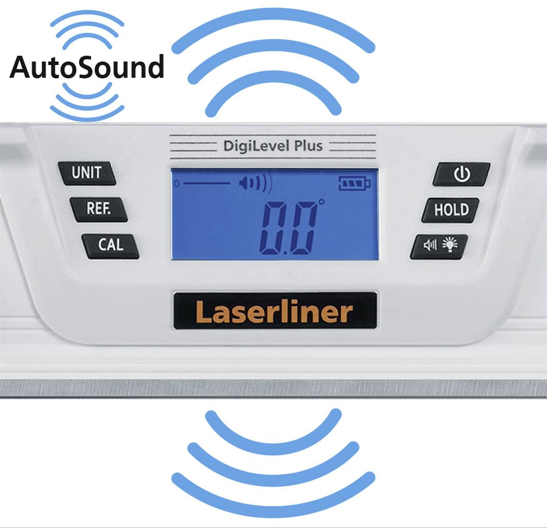 'DigiLevel Plus' laservandpas viser vinkelvisning på blå display. Taster til Unit, Ref., Cal., Hold er synlige. Funktioner: AutoSound.