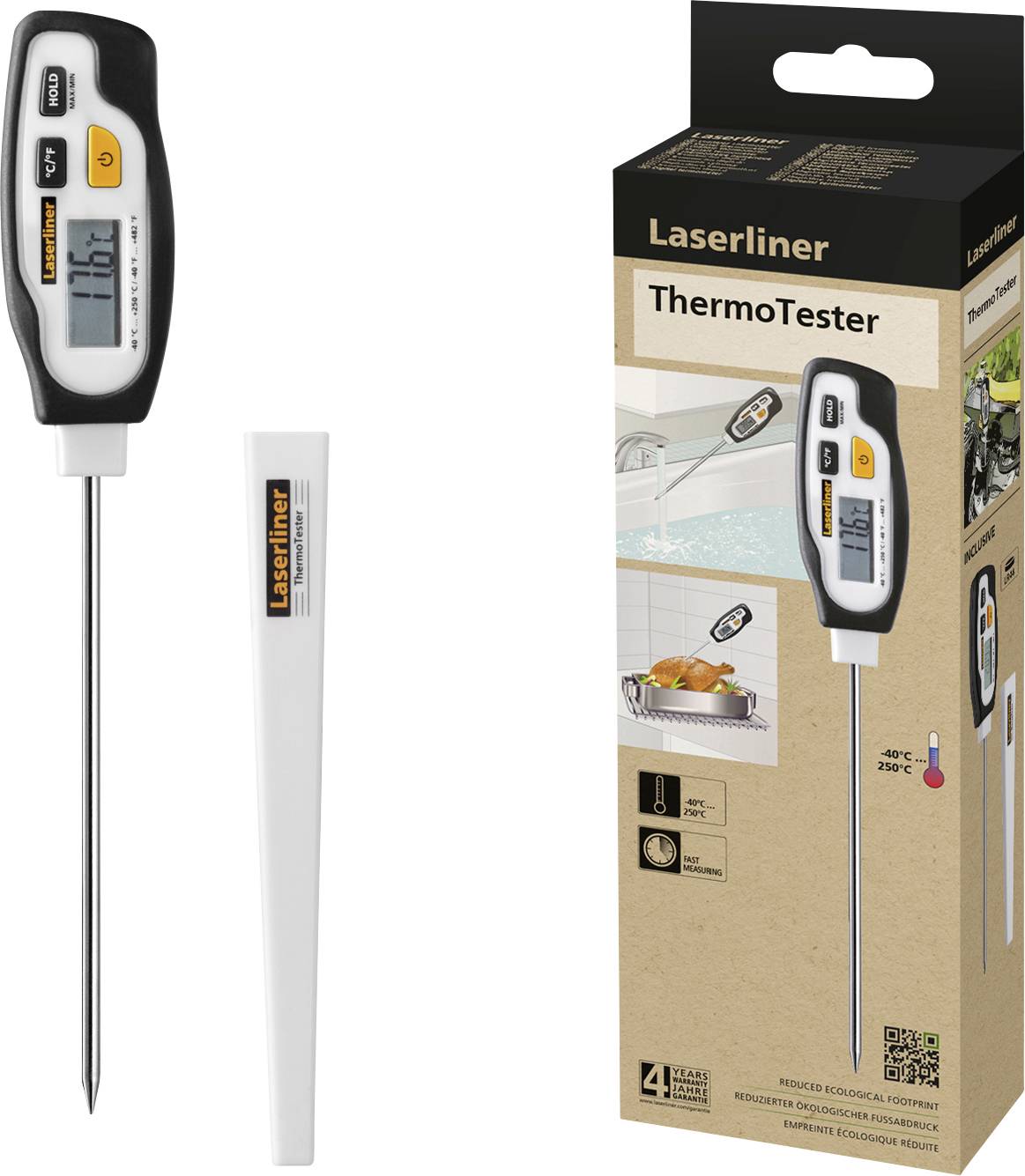 Digitalt termometer 'ThermoTester' med emballage, viser temperatur fra -40°C til 230°C, egnet til væsker og fødevarer.
