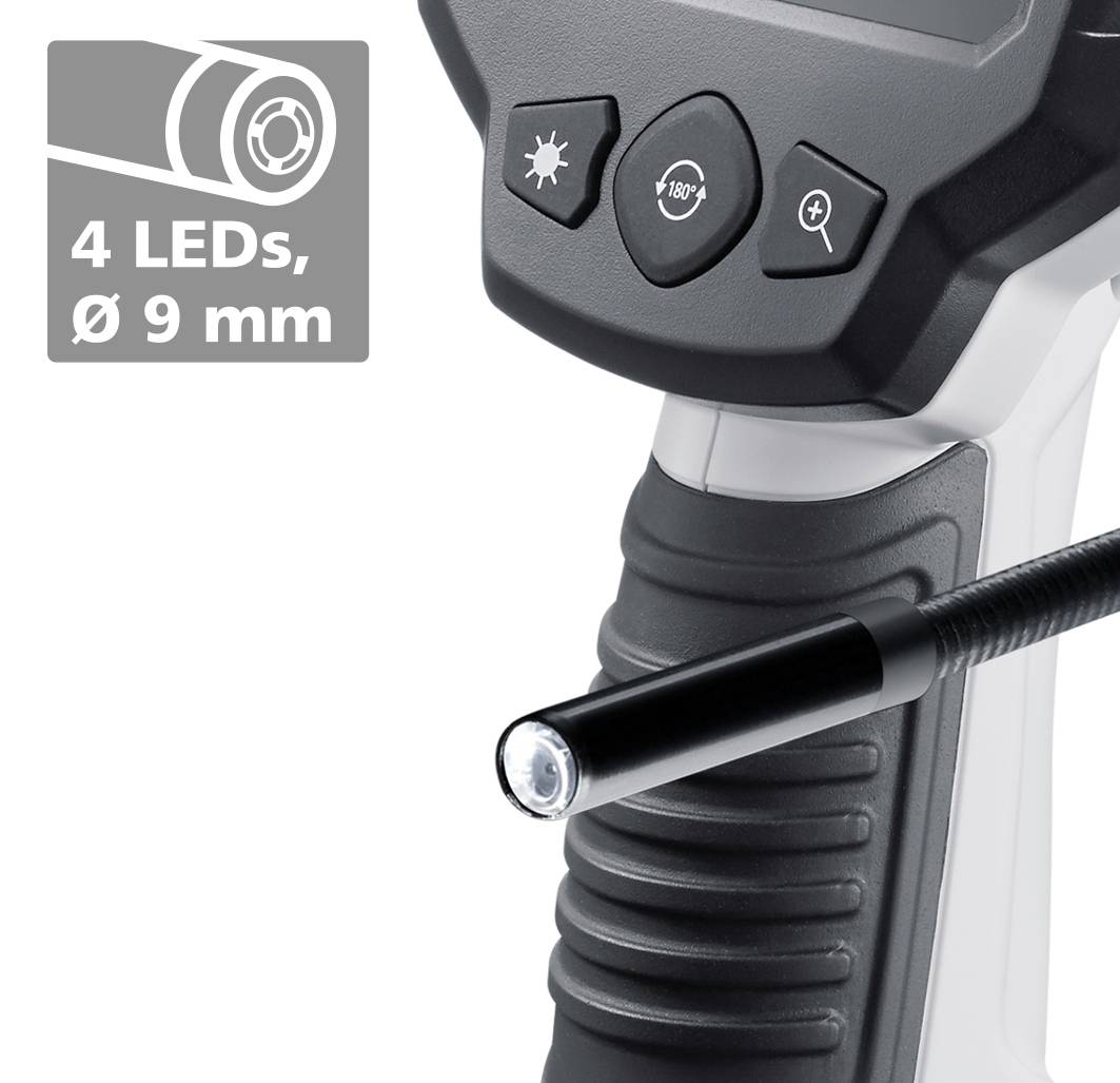 Et inspektionskamera med et fleksibelt kabel og en LED-spids, velegnet til svært tilgængelige steder. Tekst: '4 LED'er, Ø 9 mm'.