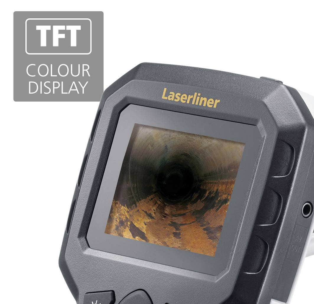 Bærbar enhed med skærm, som viser et billede af indersiden af et rør. I øverste venstre hjørne er et symbol med teksten 'TFT Farvedisplay'.