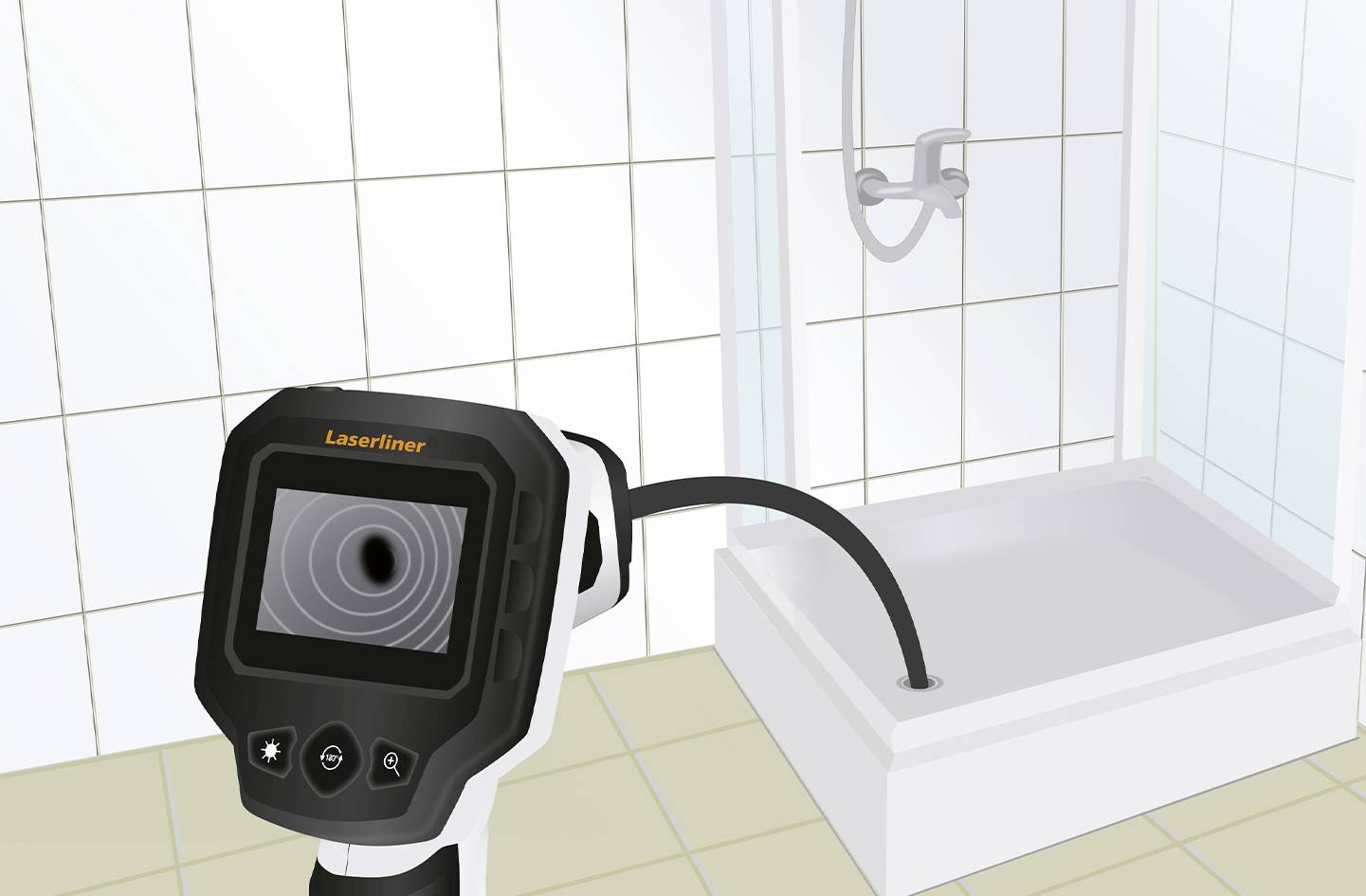 Et endoskopkamera bruges til at inspicere en afløbsrørsledning i et brusebad. Kameraet viser billedet af det indvendige rør.