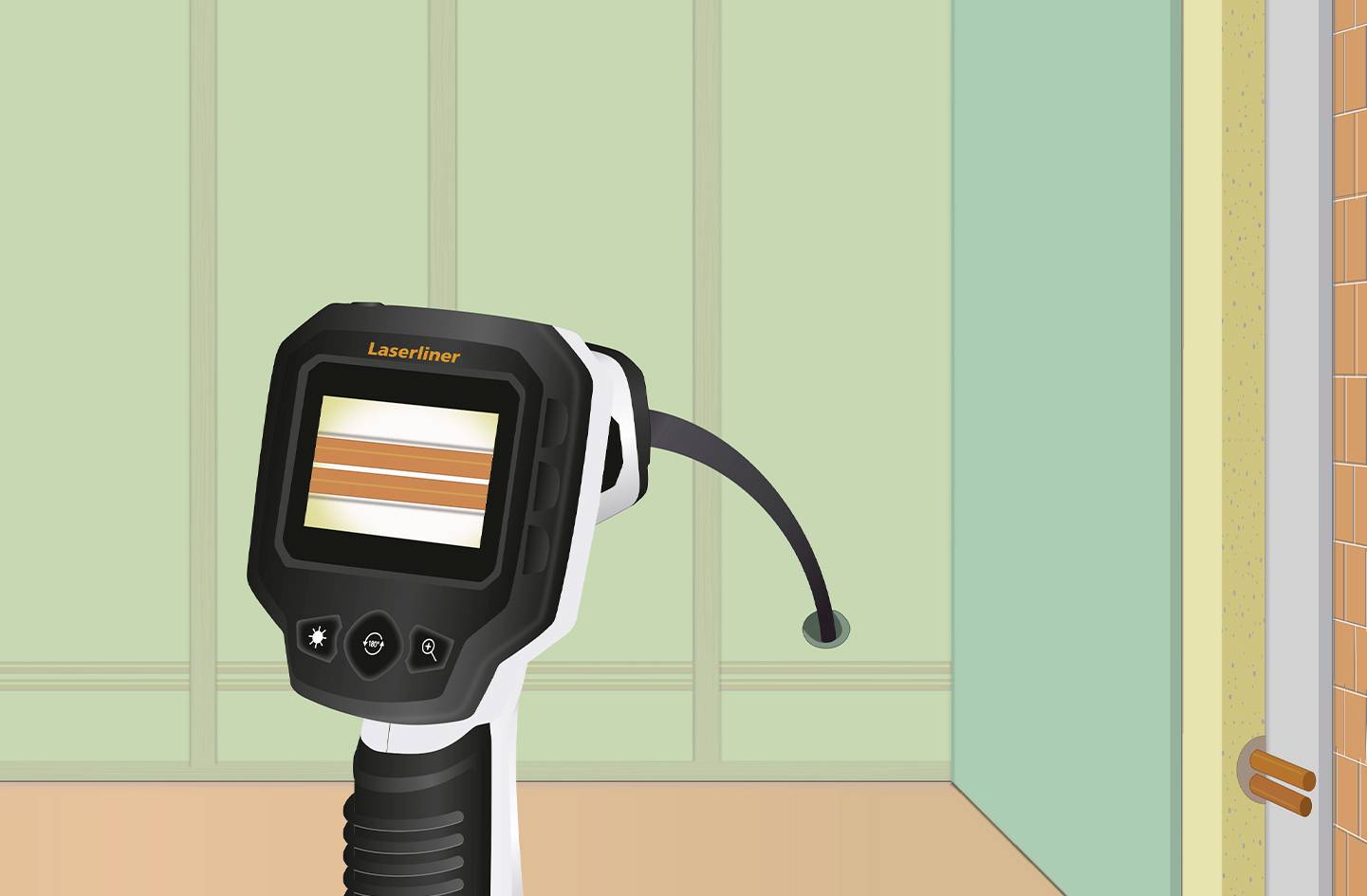 Et endoskop-inspektionsapparat viser orange linjer på skærmen. Det står foran en turkisfarvet væg med en orange dørramme.