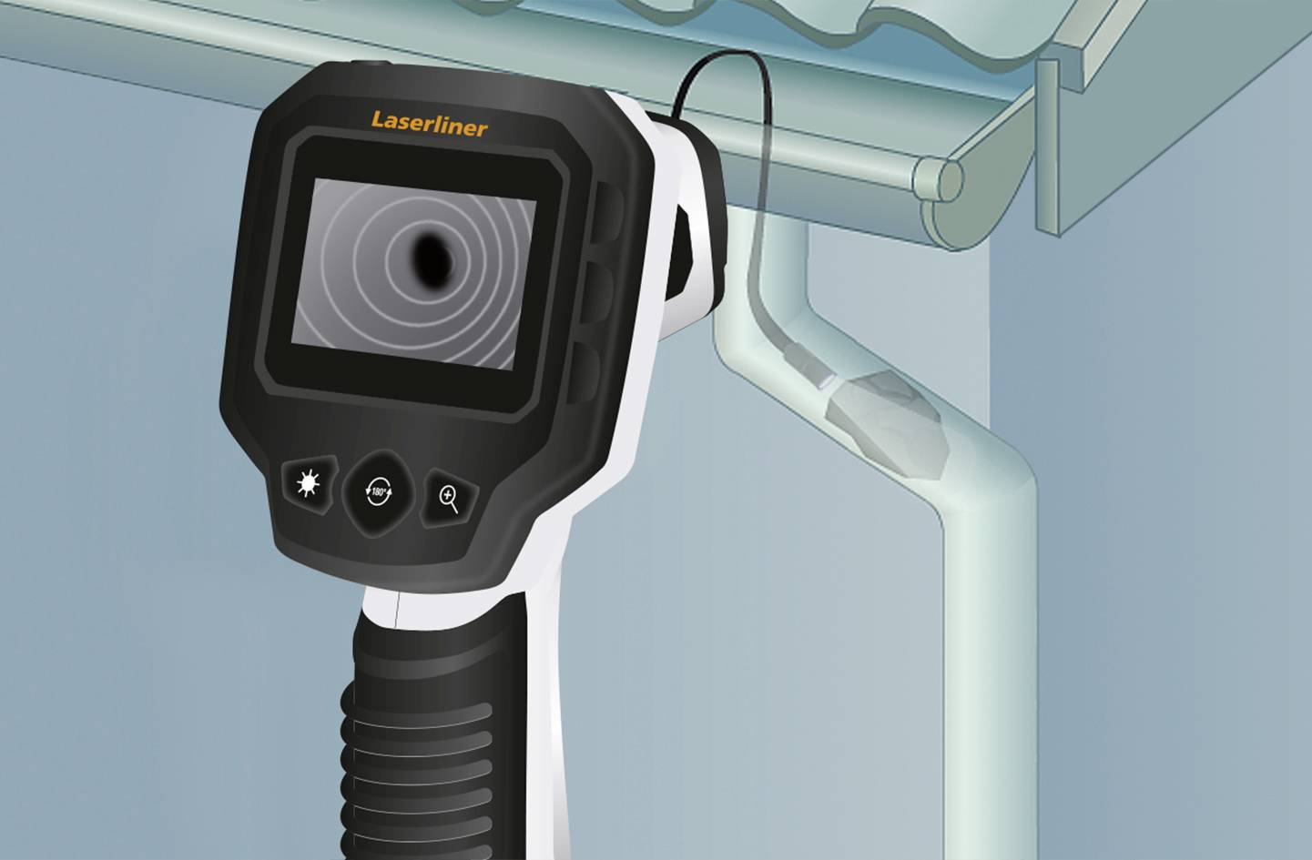 Et inspektionsværktøj med skærm undersøger det indre af et rør. Det viser en spiralformet visning på displayet.