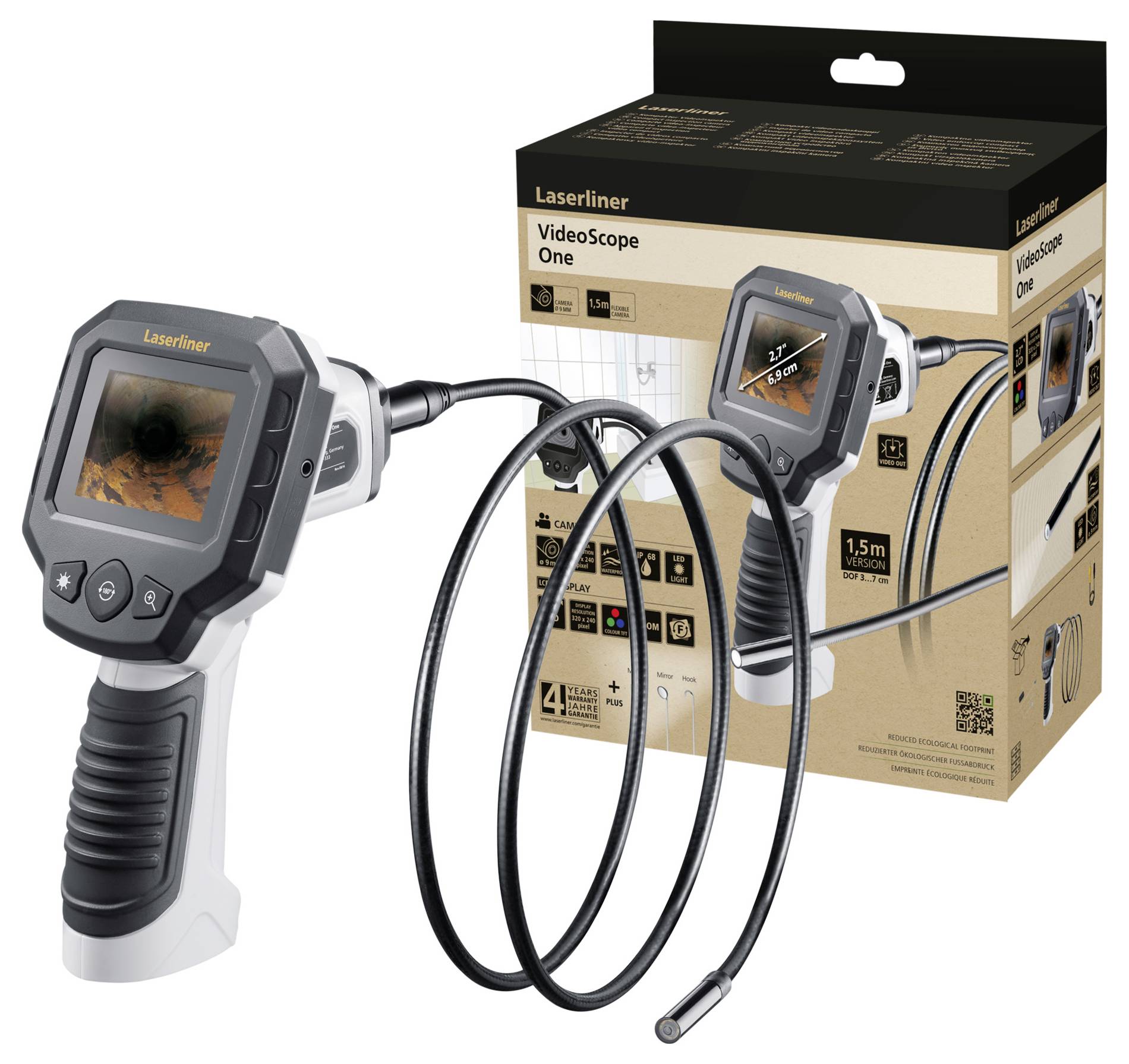 Et 'VideoScope One' endoskop, vist med fleksibelt kabel og skærm, ved siden af emballagen med produktspecifikationer.