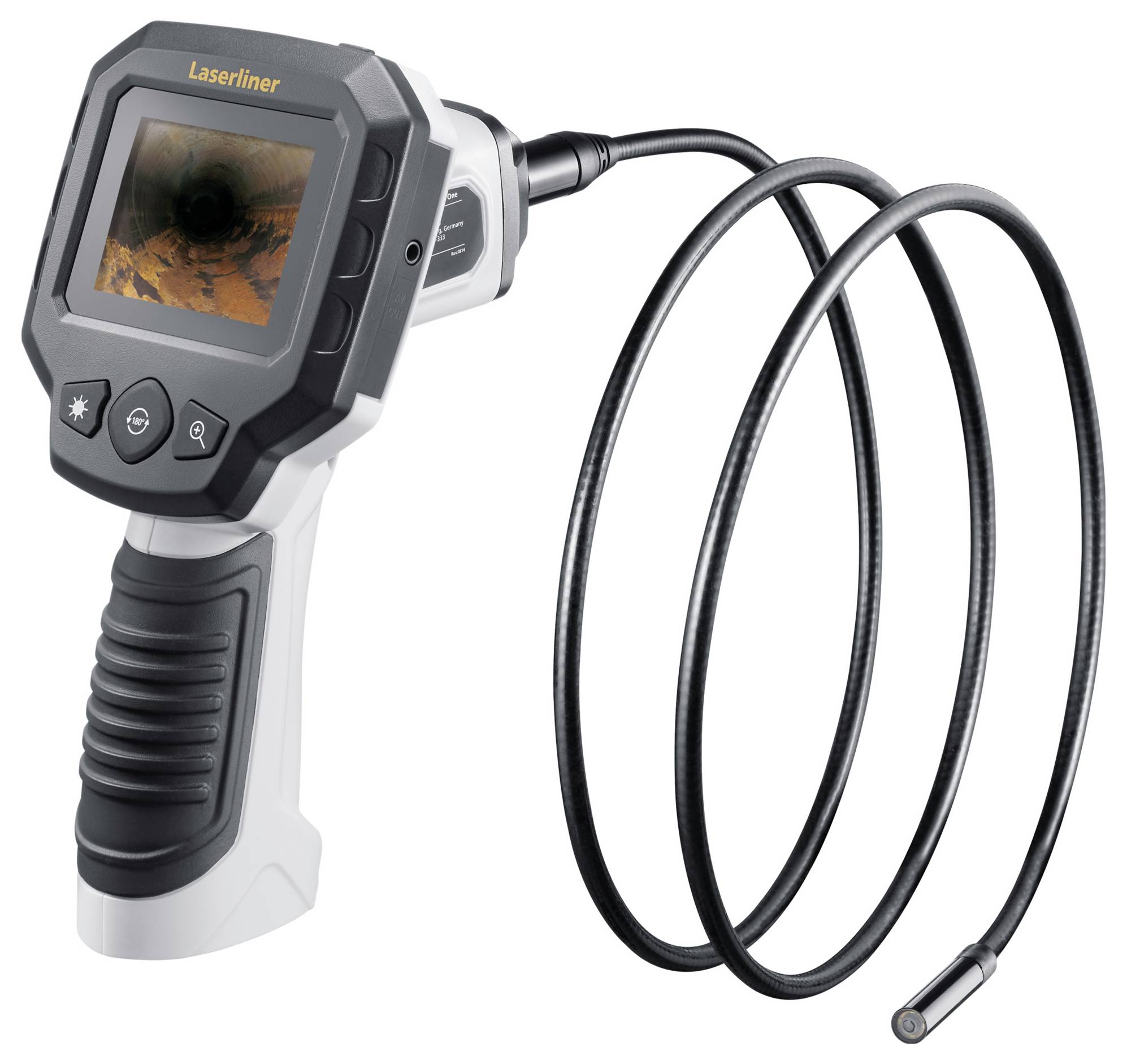 Et bærbart endoskop med skærm viser et billede af et rør eller en gang. Det har en fleksibel slange med et kamera.