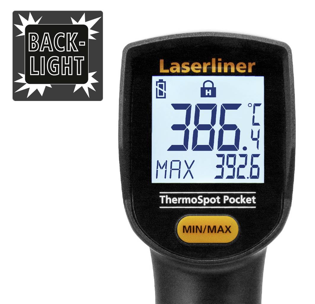 Digitalt infrarødt termometer med belyst display viser 38,6°C. Maksimal temperatur 39,2°C. Bagsiden har et 'baggrundsbelysnings'-symbol.