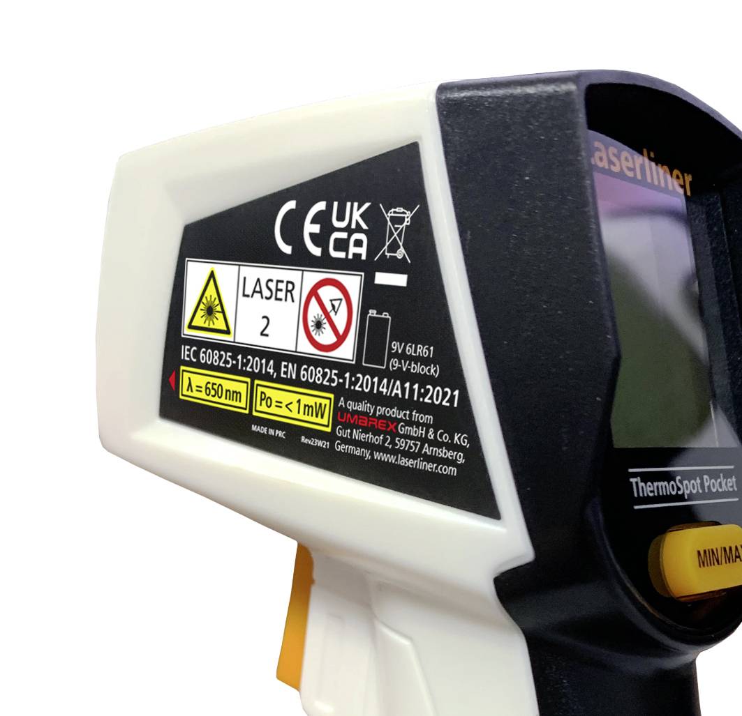 Håndholdt temperaturmåleenhed, mærket med laserklasse 2 og advarselssymboler. Tekst på enheden: CE og UKCA.