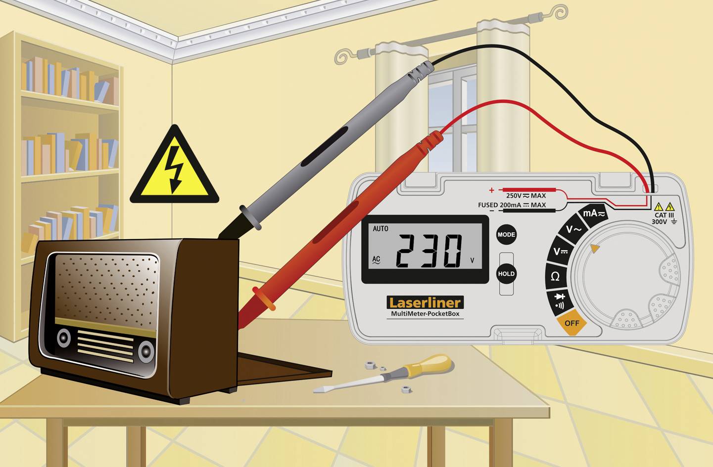 'Multimeter viser 230V spænding ved radio. To prøveledninger, rød og sort, rører ved radioen. Advarselsskilt med lynsymbol i baggrunden.'