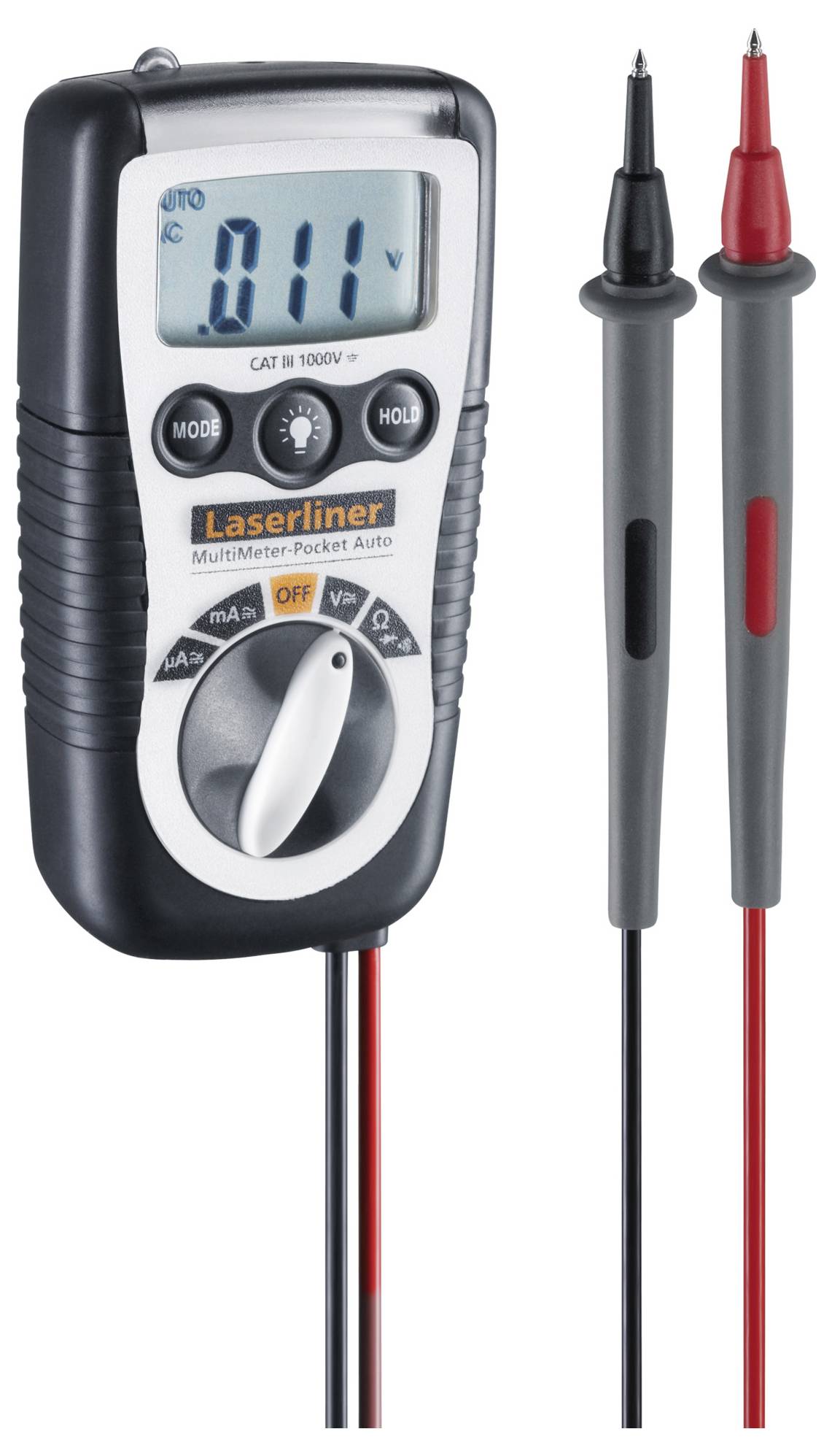 Multimeter med display '0,11 V'. To måleledninger, en sort og en rød. Enhed til elektrisk måling og diagnosticering.