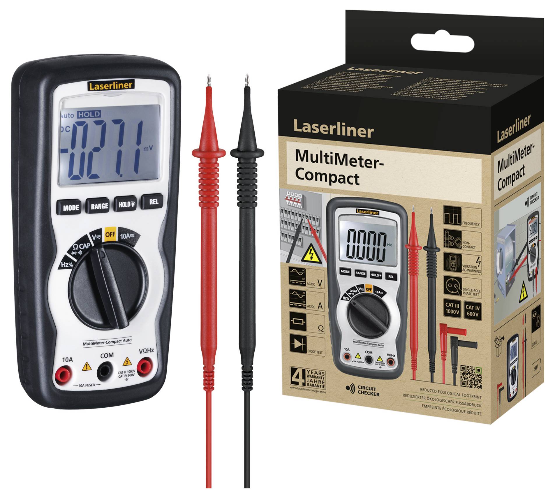 En Laserliner MultiMeter-Compact med digitalt display viser måleværdier. Emballage ved siden af, som viser produktafbildning og funktioner.