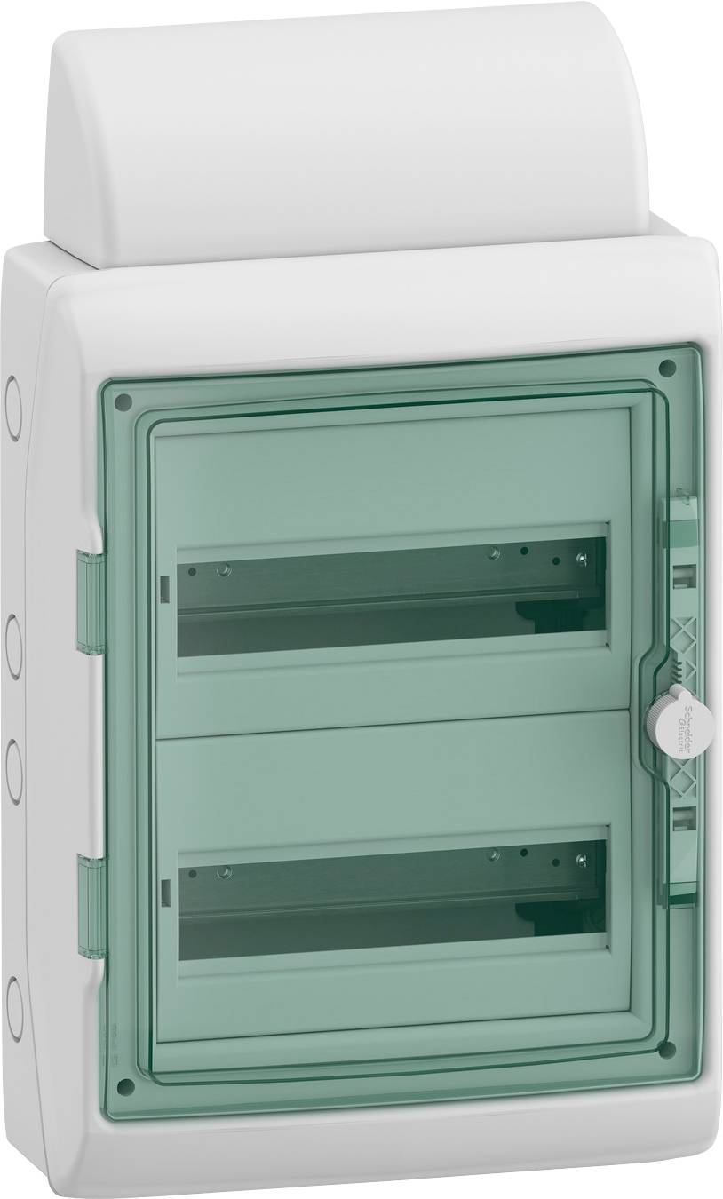 Hvid plastik vægbeslag med transparent grøn afdækning, som beskytter kontrolpaneler eller kontakter.