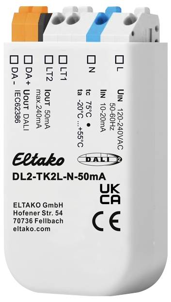 Elektronisk enhed med flere kabelstik øverst, mærket 'Eltako', model 'DL2-TK2L-N-50mA', tekniske detaljer trykt på.