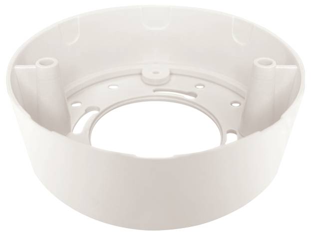 En hvid, rund plastikmonteringsbeslag med huller til loft- eller vægmontering. Egnet til installation af kameramoduler.