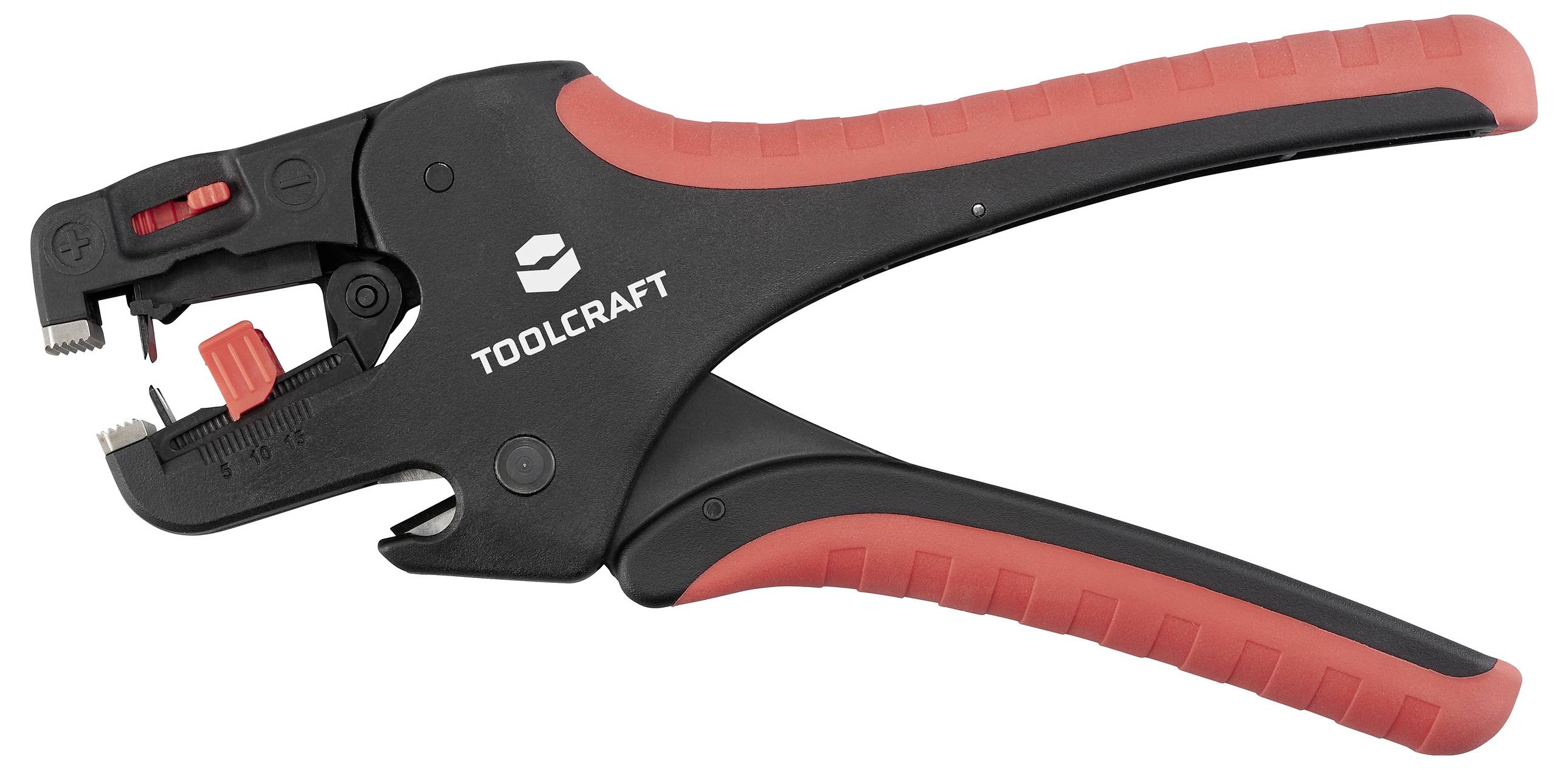 En automatisk afisoleringstang med røde og sorte greb, forsynet med en justeringsmekanisme og brandnavnet 'Toolcraft' på håndtaget.
