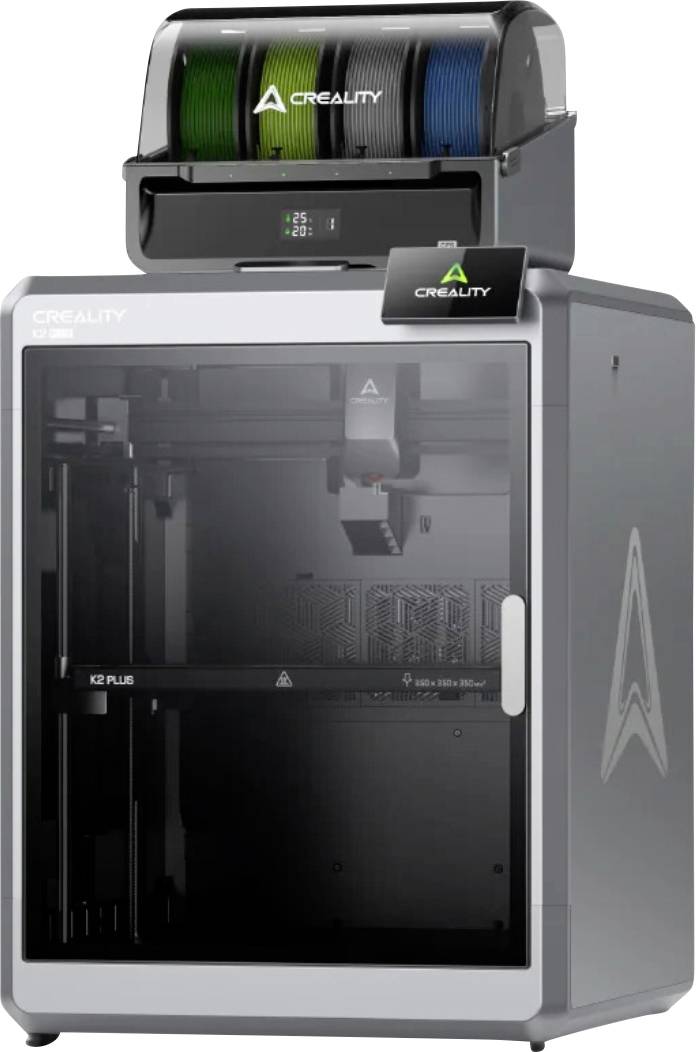 3D-printer med lukket kabinet, mærket 'Creality'. Øverst er placeret filamentruller. Skærmen viser status.