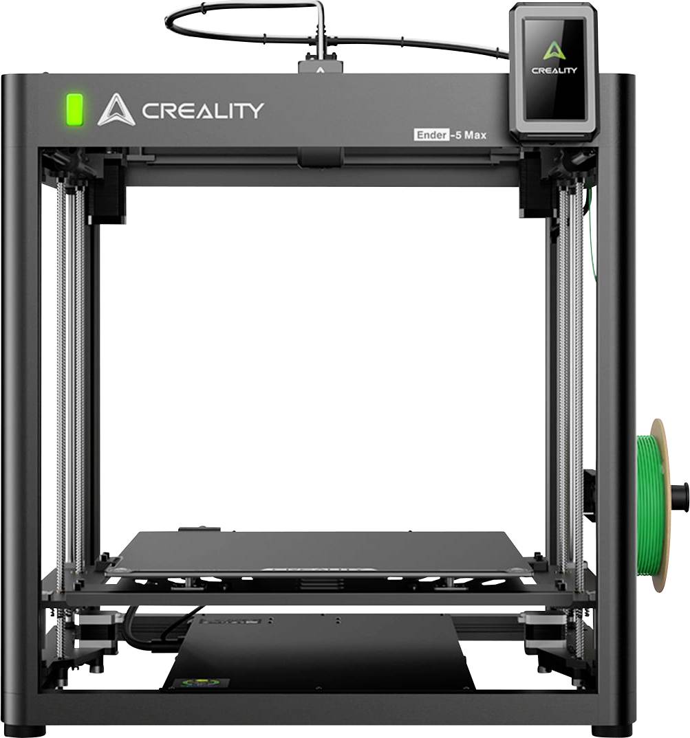 3D-printer i kubisk form med åben printflade, trådrulle med grønt filament fastgjort på højre side.