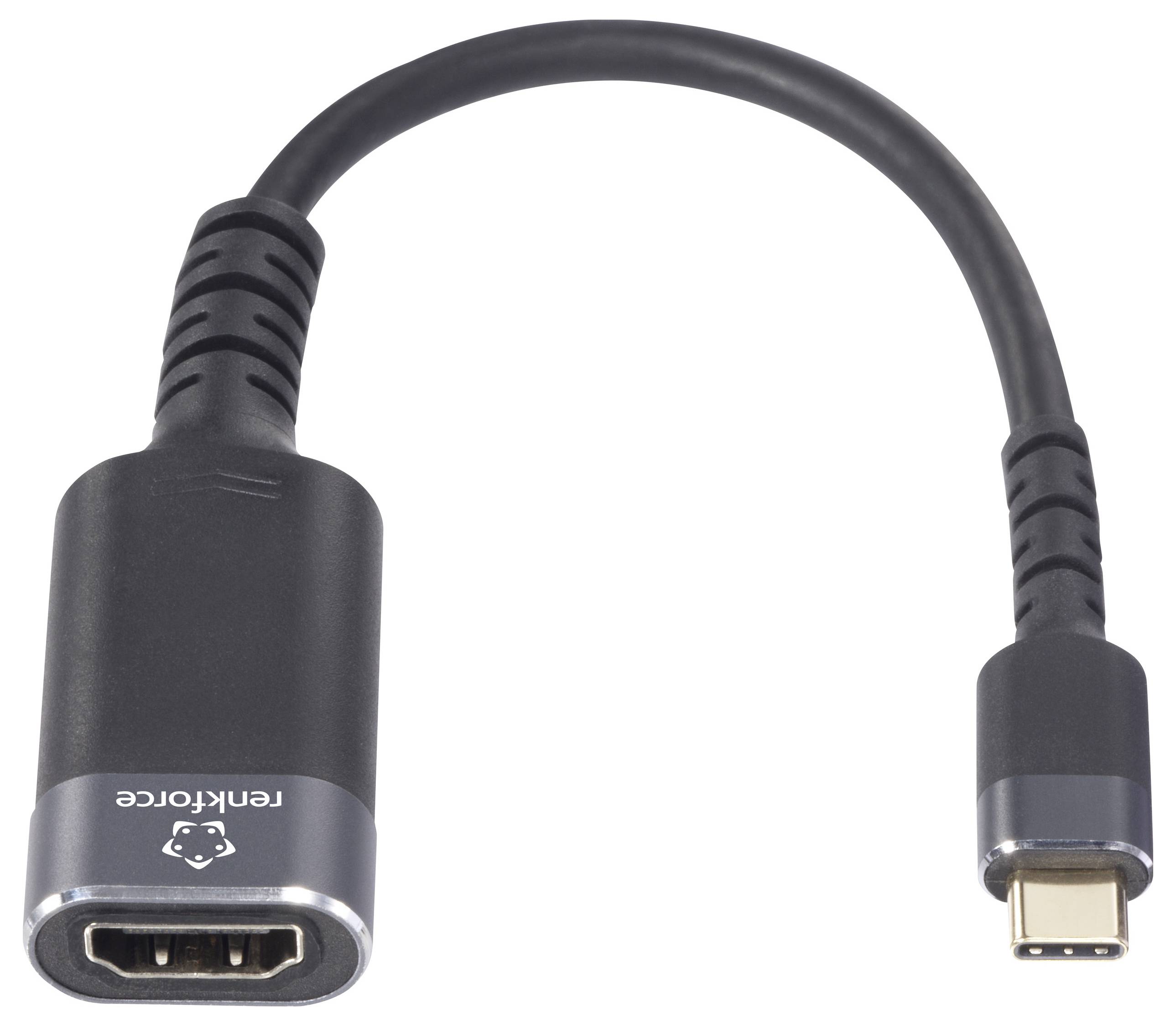 Et sort adapterkabel med et HDMI-stik i den ene ende og et USB-C-stik i den anden ende til forbindelse af enheder.