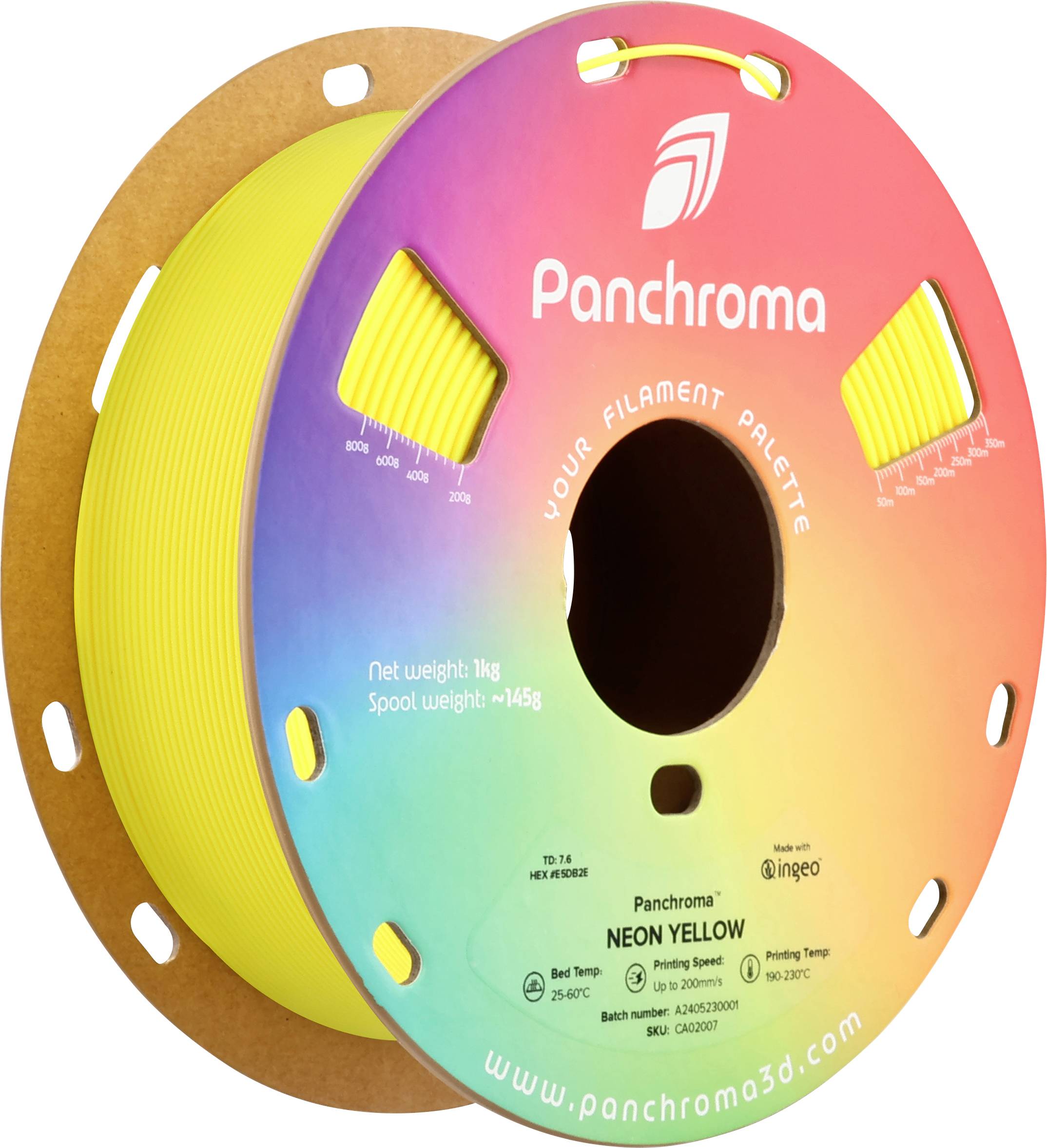 En rulle gult 3D-printerfilament fra Panchroma med nettovægt 1 kg og spolevægt ca. 145 g, præsenteret i farverigt design.