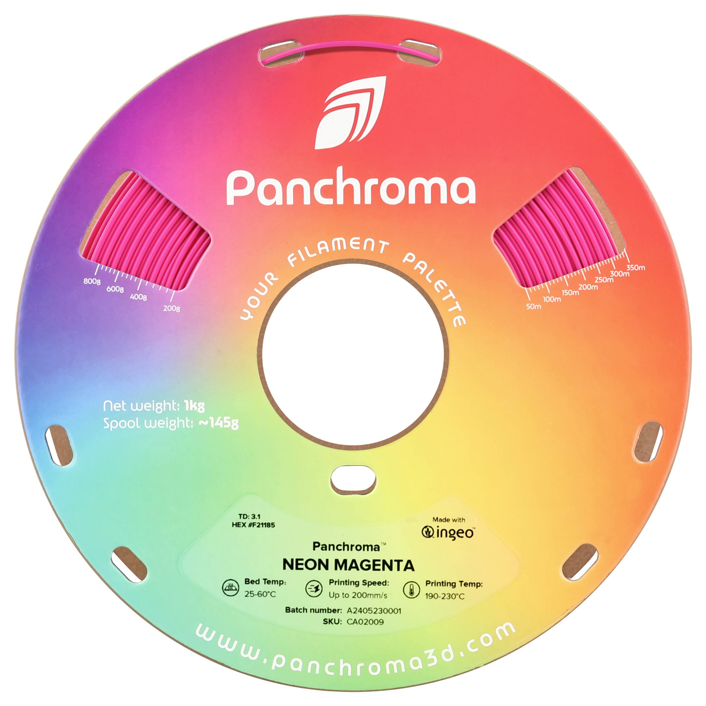 Farverig filamentspole med påskriften 'Panchroma', 'Neon Magenta', 'Din filamentpalet'. Vægt og printtemperatur er angivet.