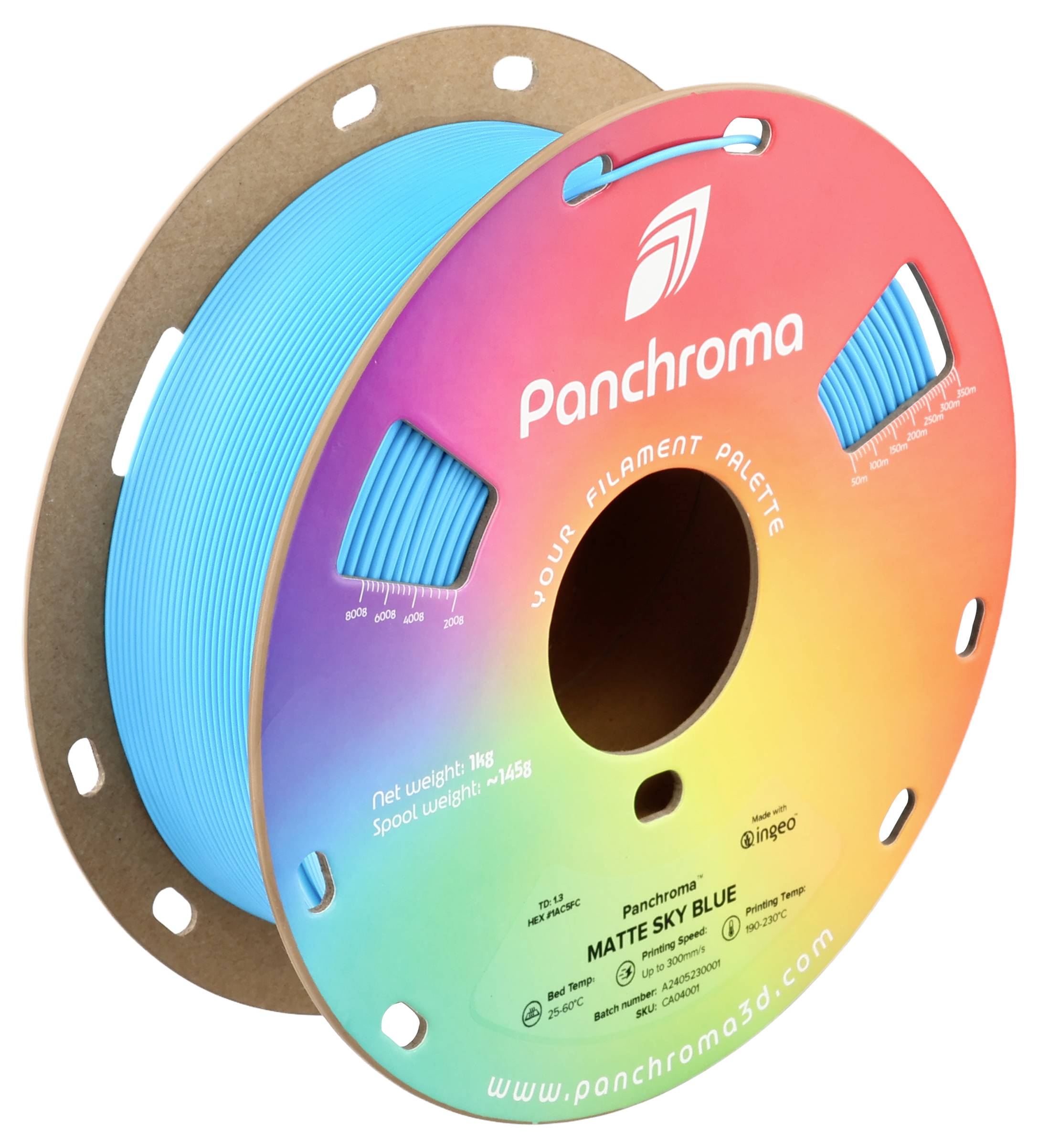 Rulle med lysende blåt 3D-printer-filament fra Panchroma, mærket med 'MATTE SKY BLUE'. Vægt 1 kg.