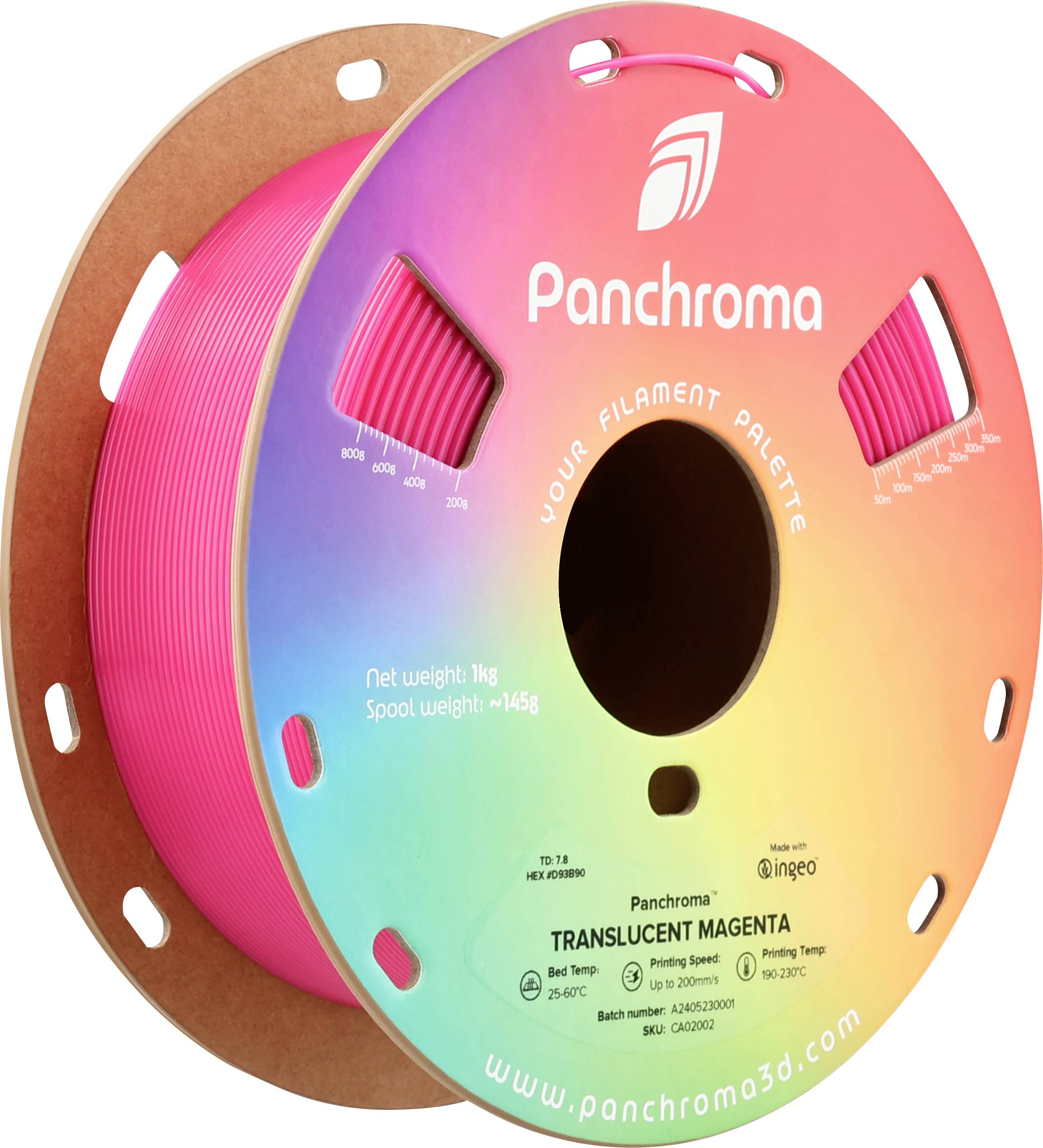 En rulle 3D-printerfilament i 'Translucent Magenta' fra Panchroma. Nettovægt 1 kg, iøjnefaldende regnbueemballage.