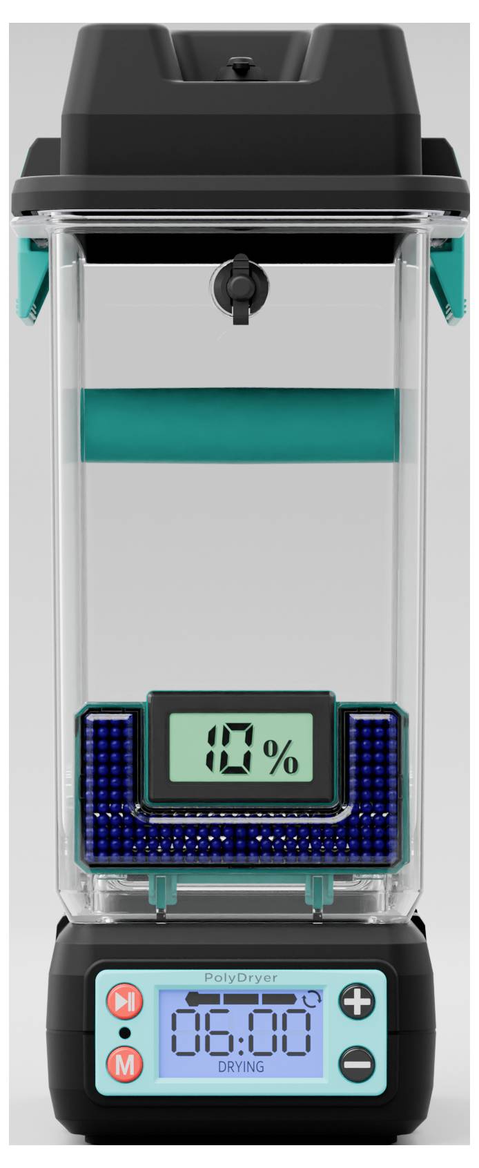 Vakuumopbevaringsbeholder med digitalt display. Viser 10 % fugtighed og 6:00 resterende tid. Ideel til opbevaring.