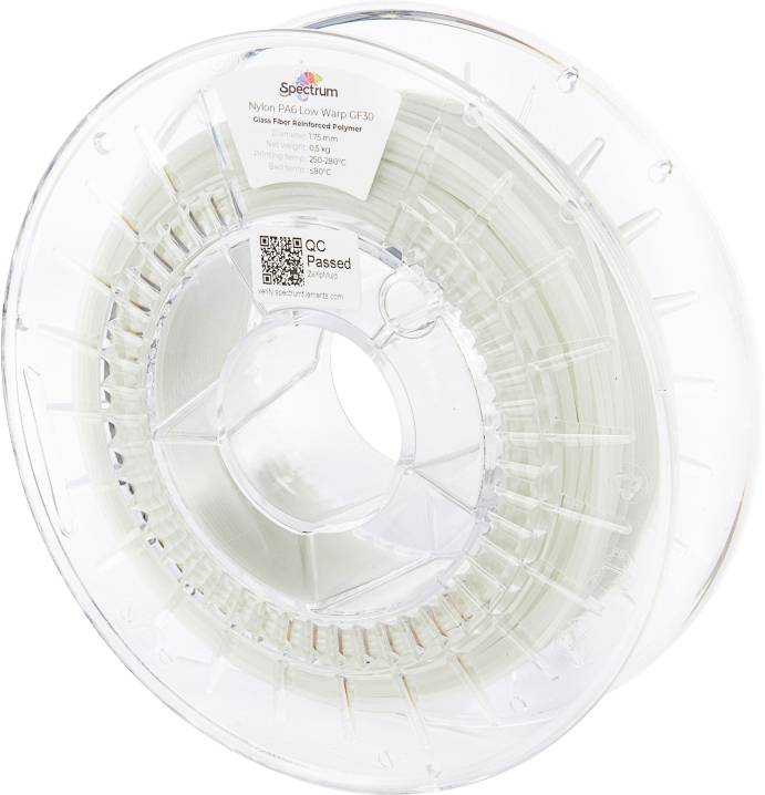 Spole med 3D-printer-filament, Nylon PA6 Low Warp GF30, transparent, 1,75 mm, med produktetiket og QR-kode.