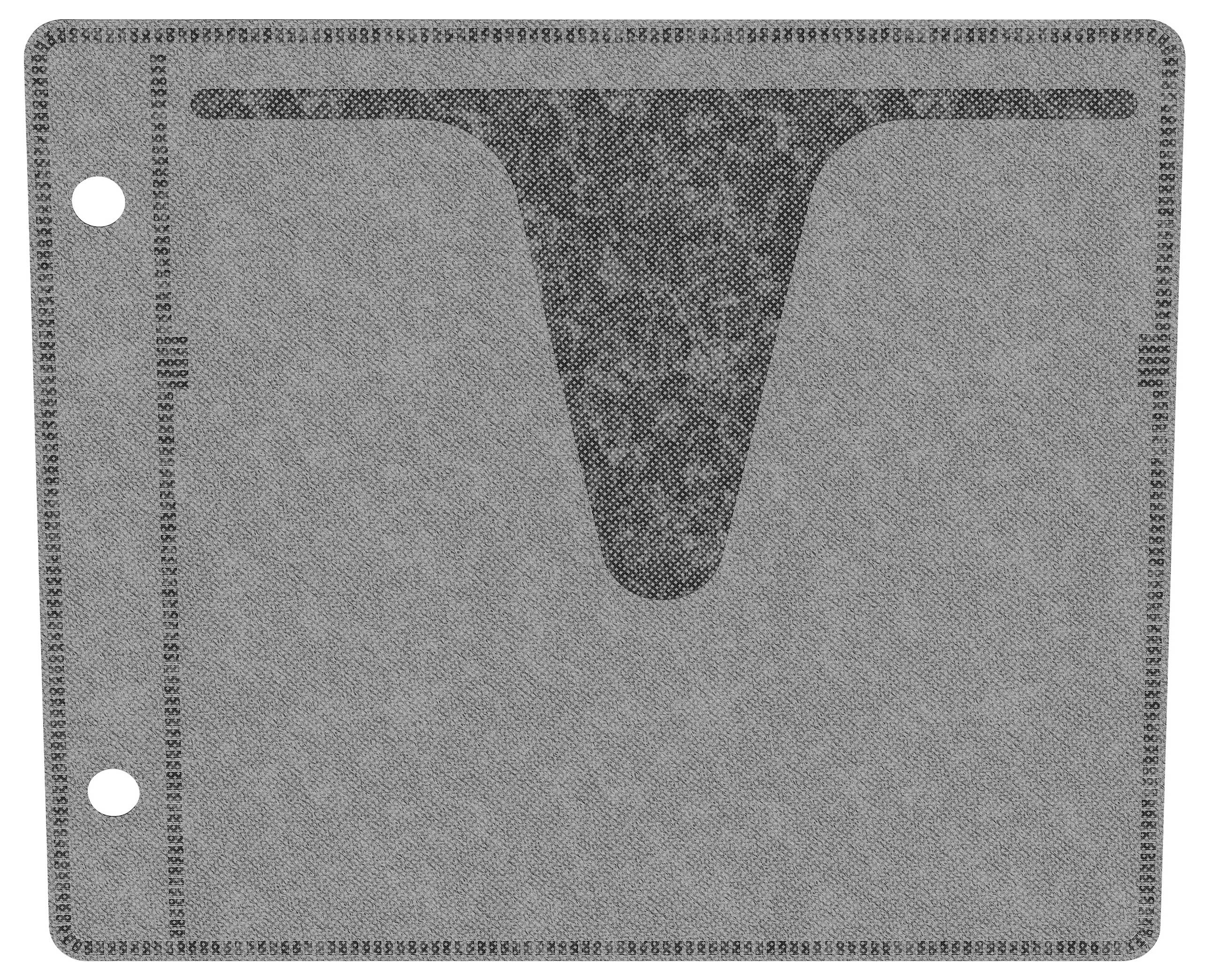 Et struktureret gråt panel med to huller i venstre side og et centralt mørkere trekantet mønster med afrundede kanter, der strækker sig nedad.