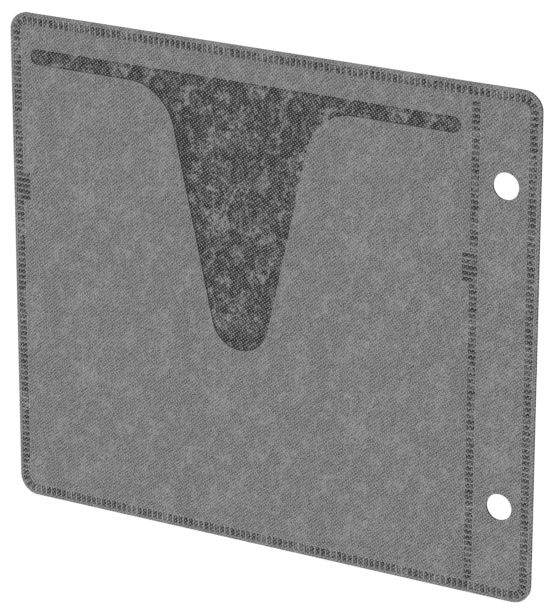 Et gråt struktureret panel med en trekantet udskæring øverst og to huller i højre side, sandsynligvis til indbinding eller fastgørelse.