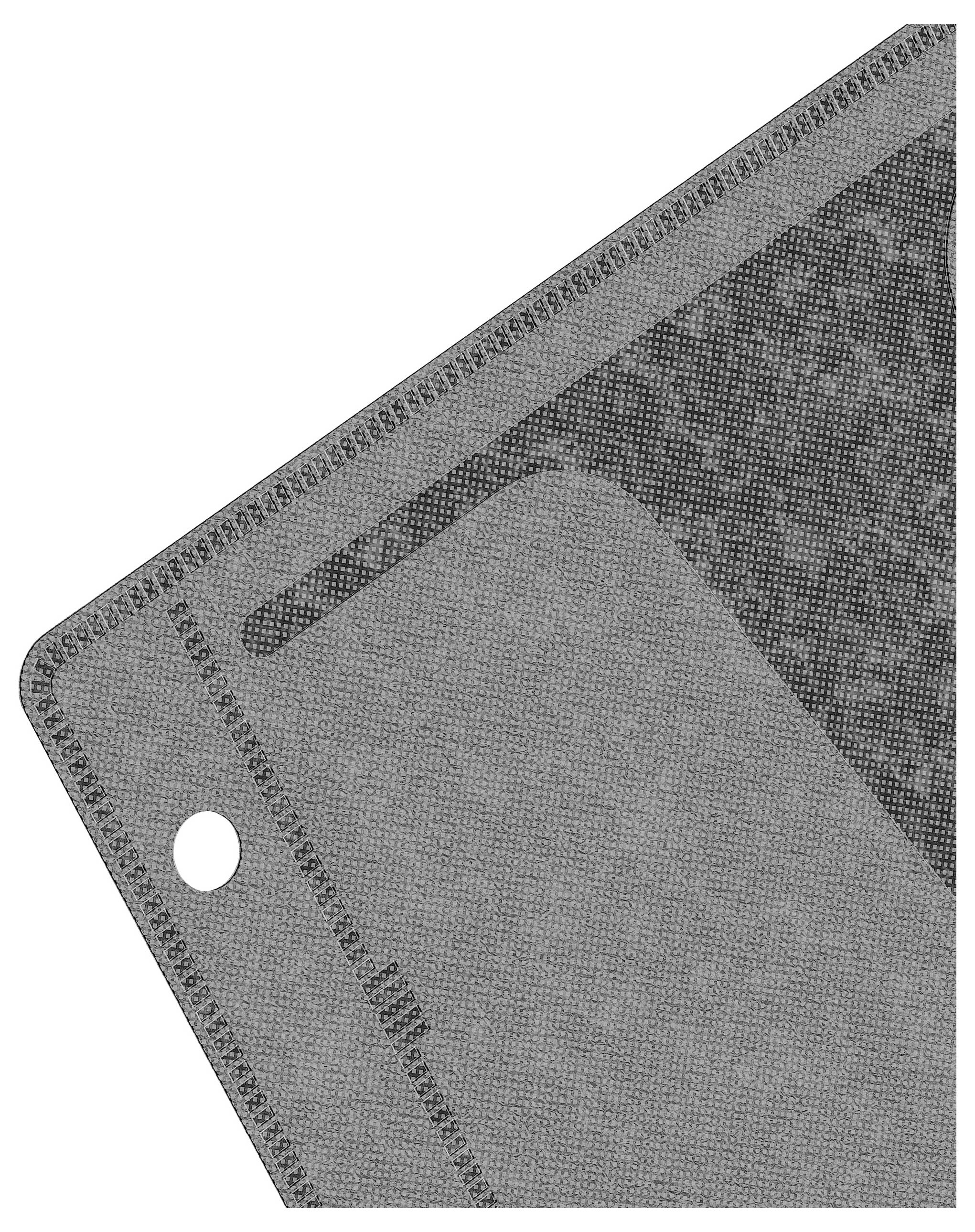 Nærbillede af et hjørne af en grå mappe med struktureret overflade, forstærket syning og en cirkulær åbning, sandsynligvis beregnet til brug i en ringbog.