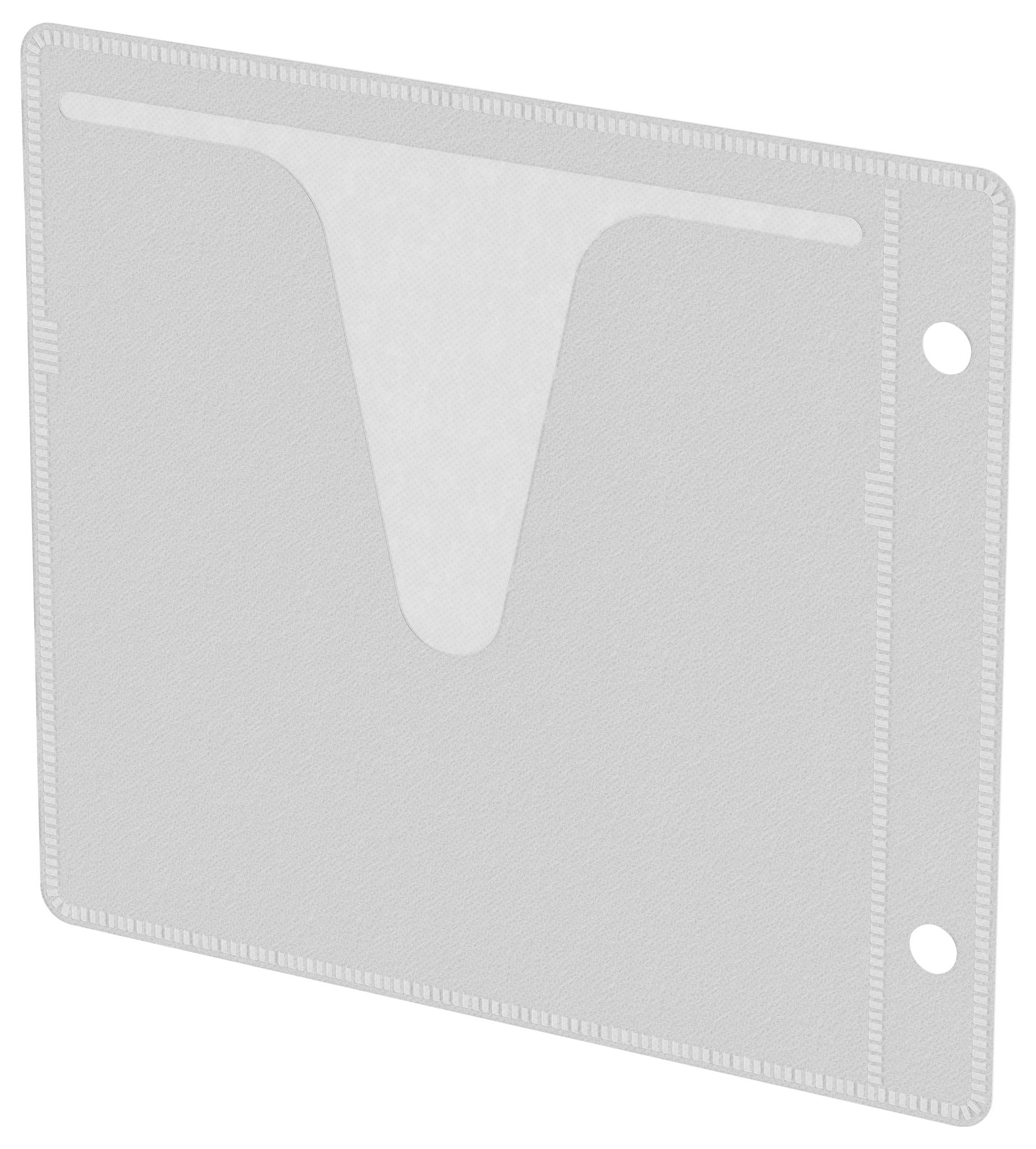 En halvgennemsigtig holder med et 'T'-formet åbning og to huller på højre side, designet til nem organisering i mapper.