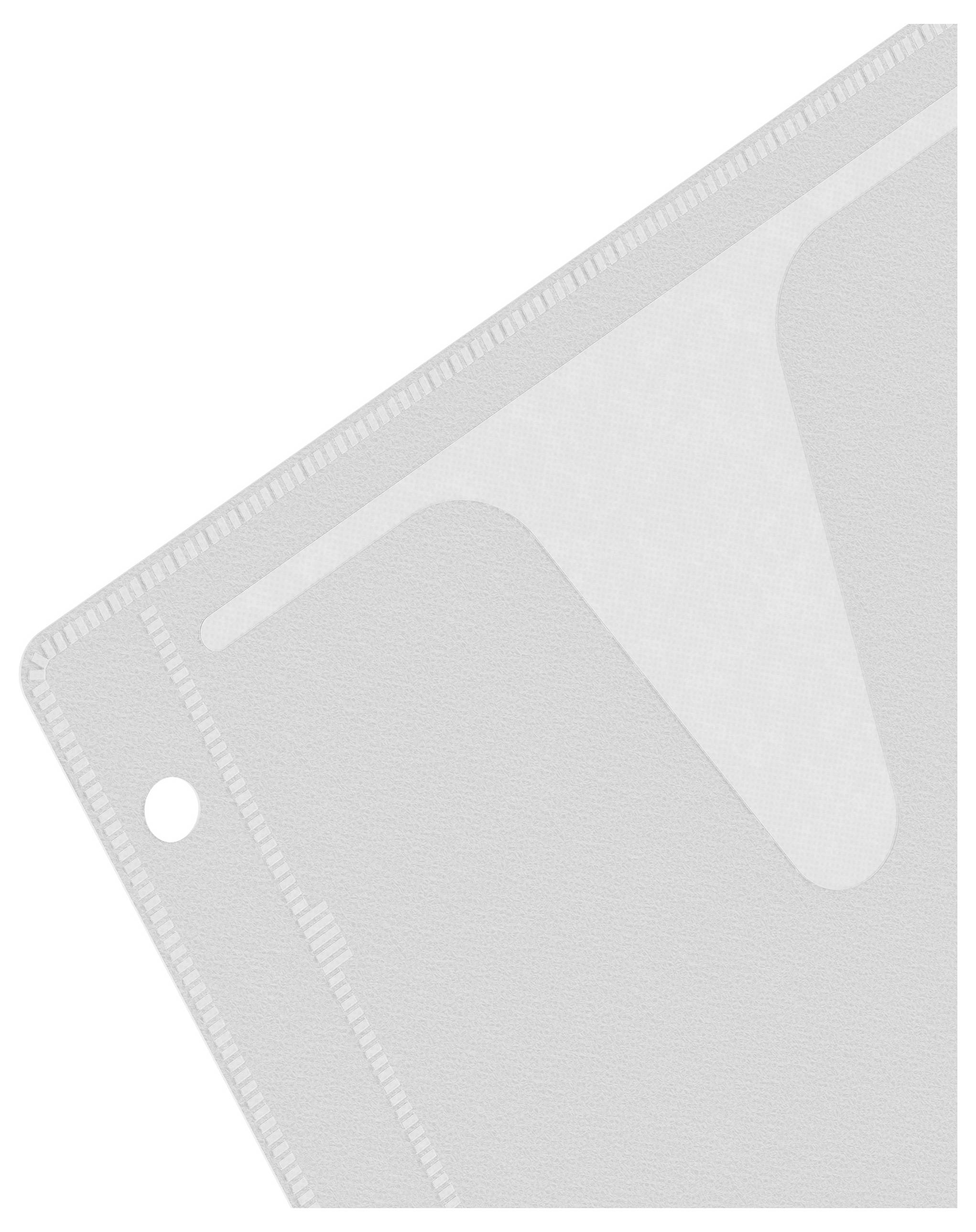 En gennemsigtig plastlomme med to huller i venstre side til sikring af dokumenter i en ringbind, forsynet med et diagonalt skåret åbningsudsnit.