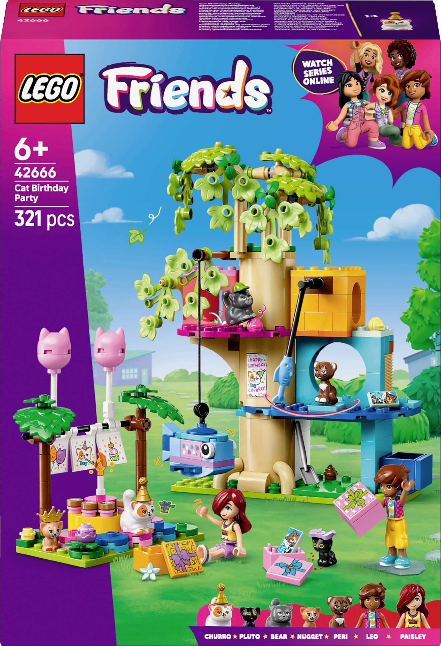 Legetøjssæt 'LEGO Friends Kattefødselsdag'. Træhus-scene med figurer, kat, legetøj og festdekoration. Til børn fra 6 år.